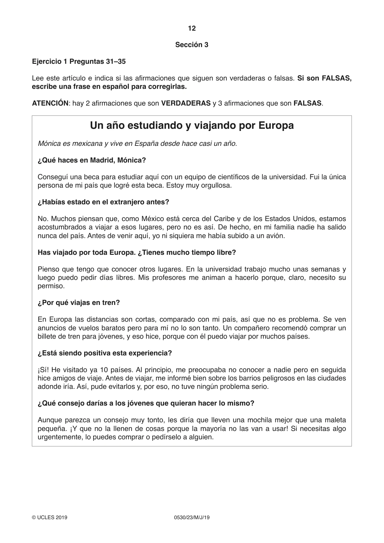 Cambridge IGCSE Spanish - Foreign Language 0530 2019 May/June Paper 2 · Variant 3 question paper, page 12 of 16