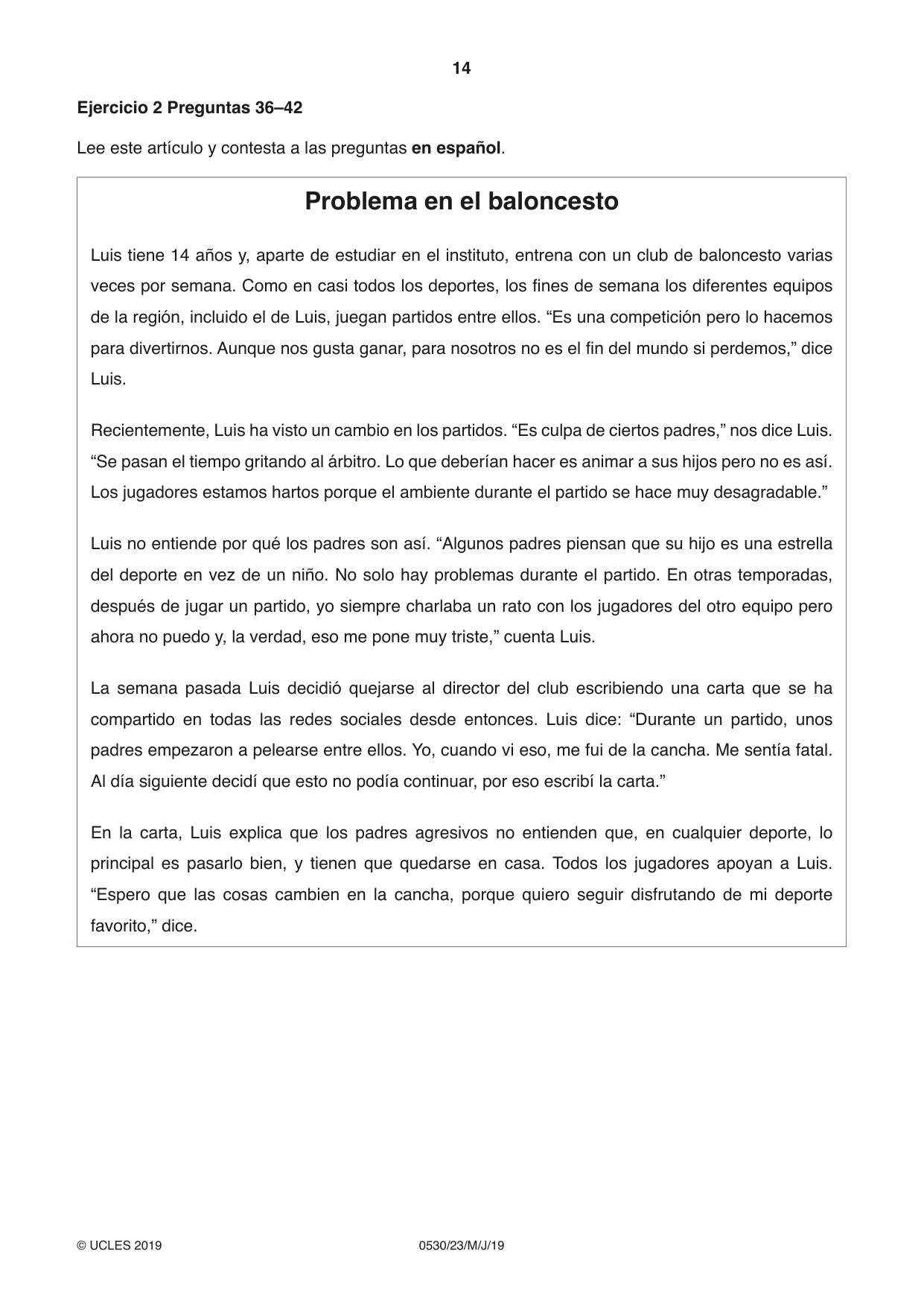 Cambridge IGCSE Spanish - Foreign Language 0530 2019 May/June Paper 2 · Variant 3 question paper, page 14 of 16