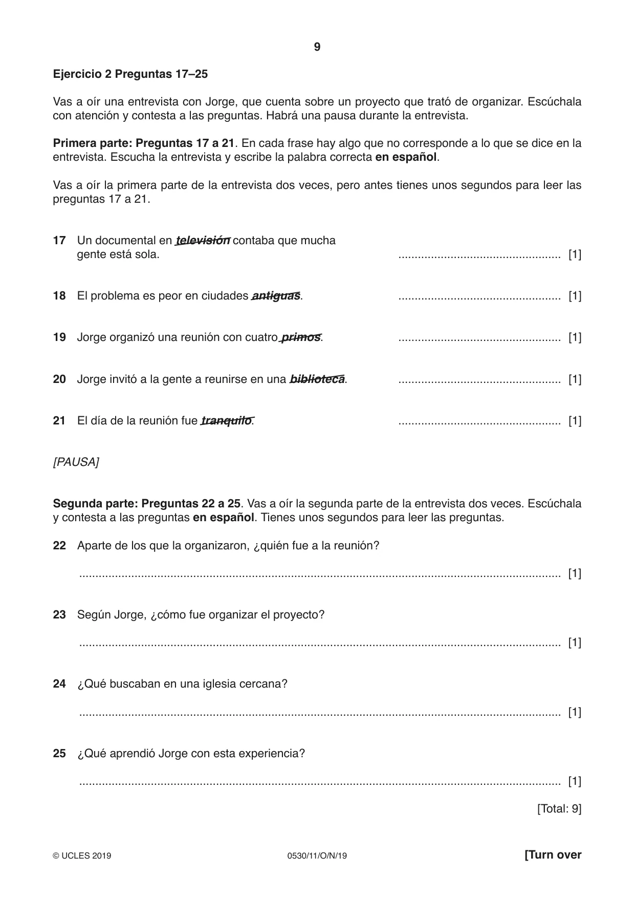 Cambridge IGCSE Spanish - Foreign Language 0530 2019 Oct/Nov Paper 1 · Variant 1 question paper, page 9 of 12