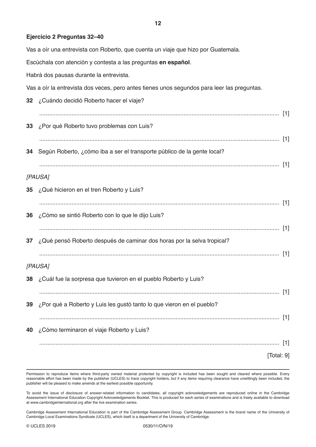 Cambridge IGCSE Spanish - Foreign Language 0530 2019 Oct/Nov Paper 1 · Variant 1 question paper, page 12 of 12
