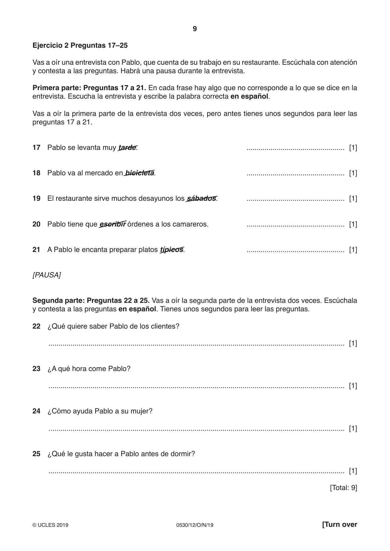 Cambridge IGCSE Spanish - Foreign Language 0530 2019 Oct/Nov Paper 1 · Variant 2 question paper, page 9 of 12