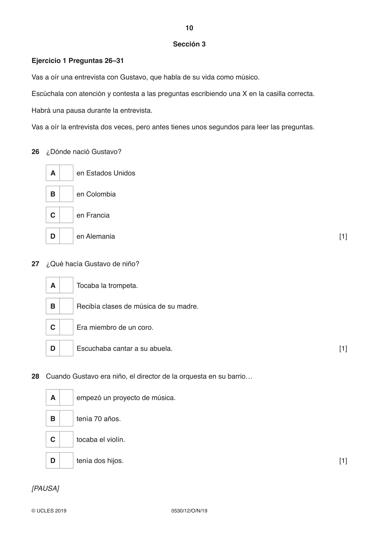 Cambridge IGCSE Spanish - Foreign Language 0530 2019 Oct/Nov Paper 1 · Variant 2 question paper, page 10 of 12