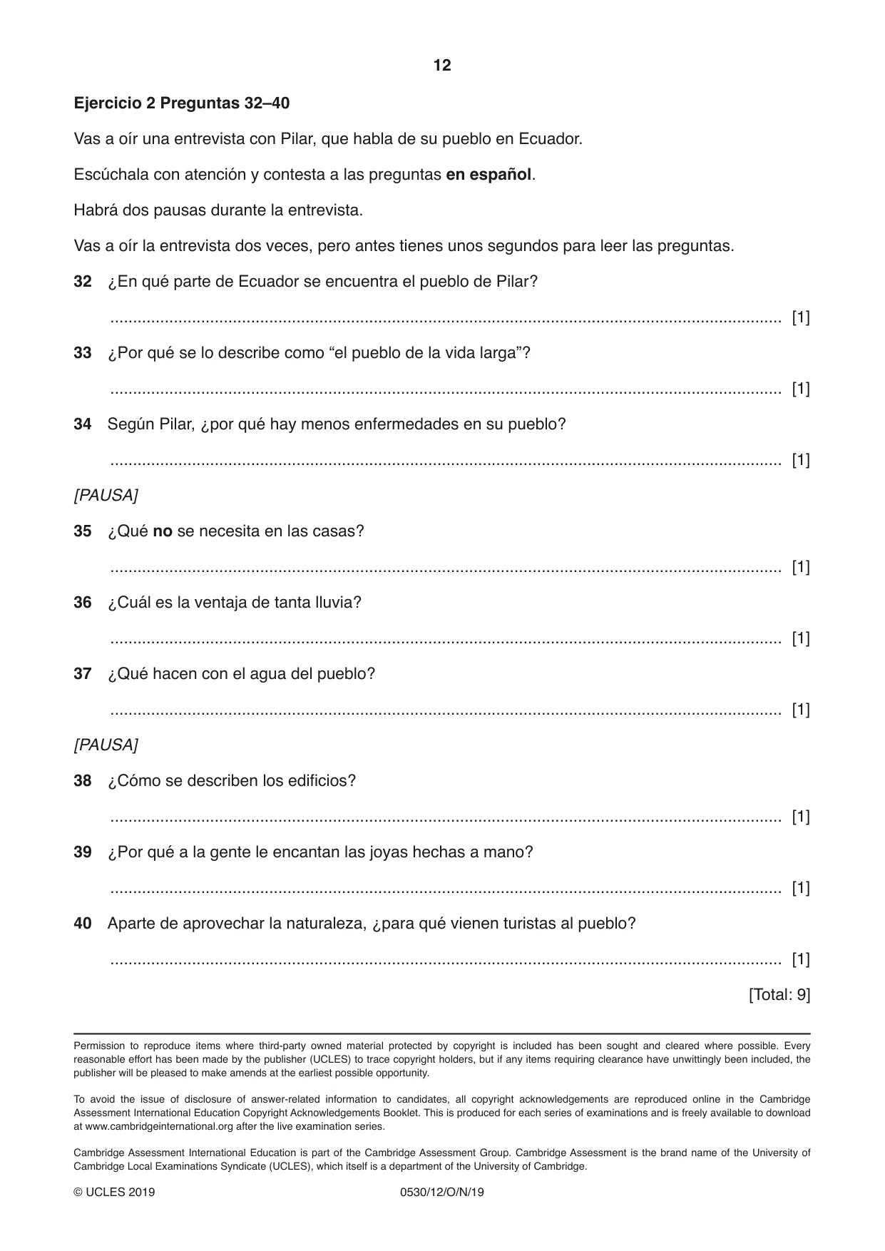 Cambridge IGCSE Spanish - Foreign Language 0530 2019 Oct/Nov Paper 1 · Variant 2 question paper, page 12 of 12