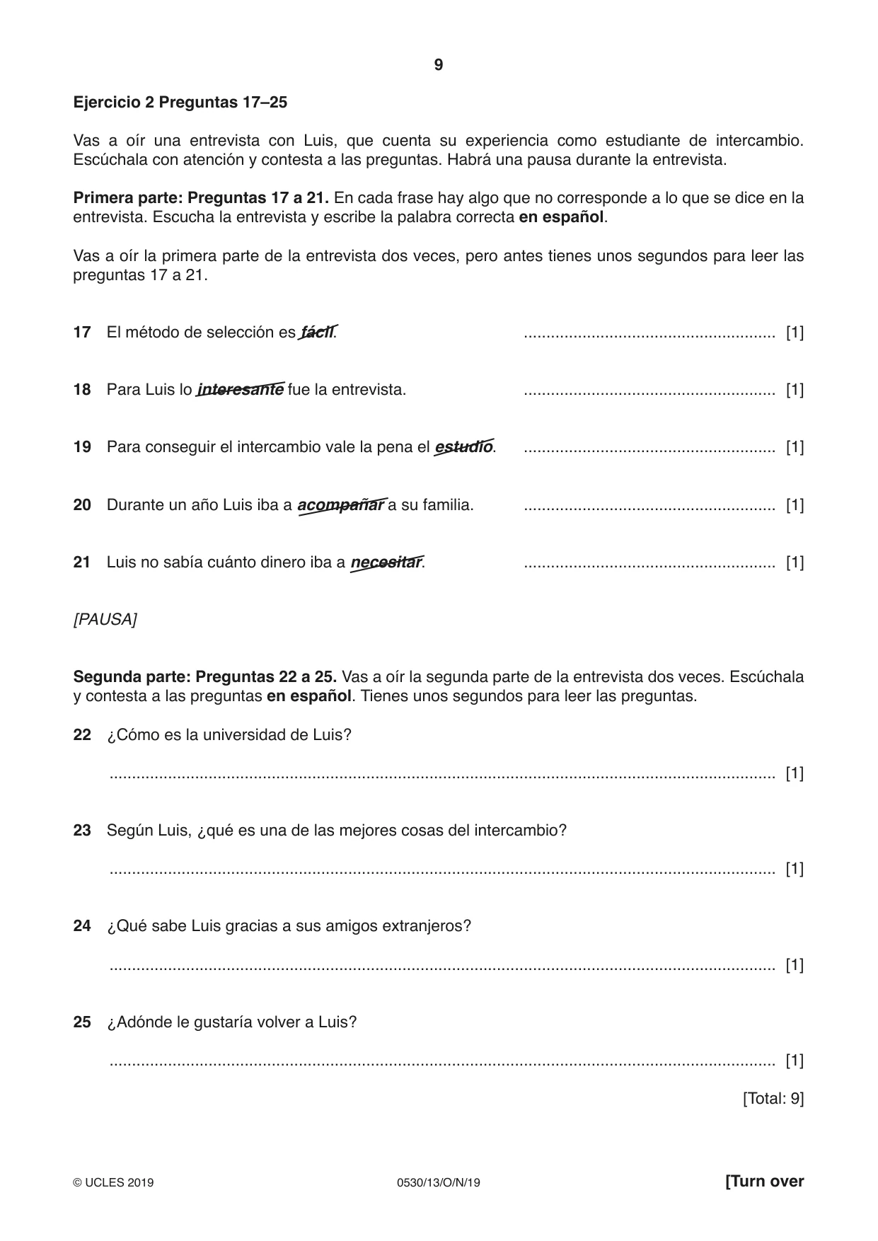 Cambridge IGCSE Spanish - Foreign Language 0530 2019 Oct/Nov Paper 1 · Variant 3 question paper, page 9 of 12