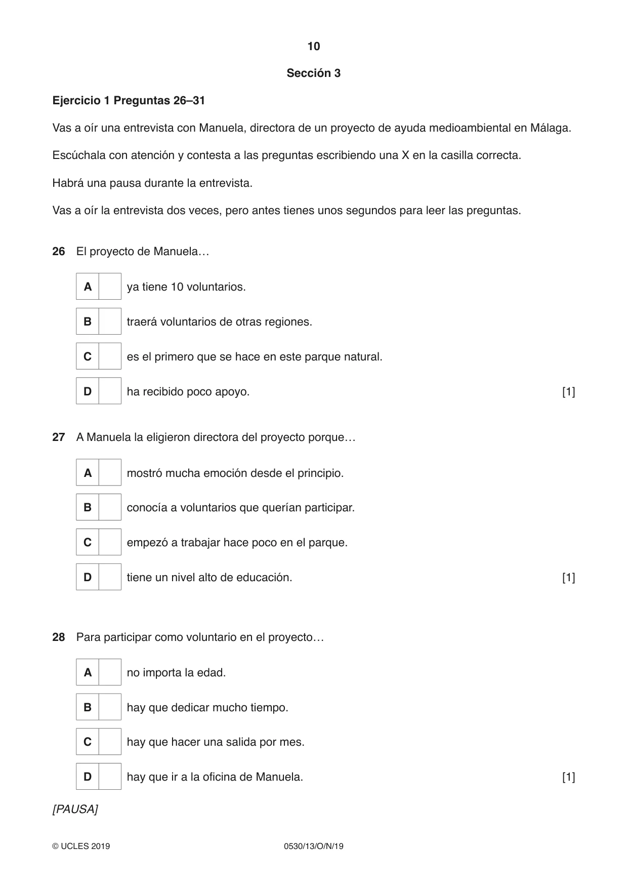 Cambridge IGCSE Spanish - Foreign Language 0530 2019 Oct/Nov Paper 1 · Variant 3 question paper, page 10 of 12