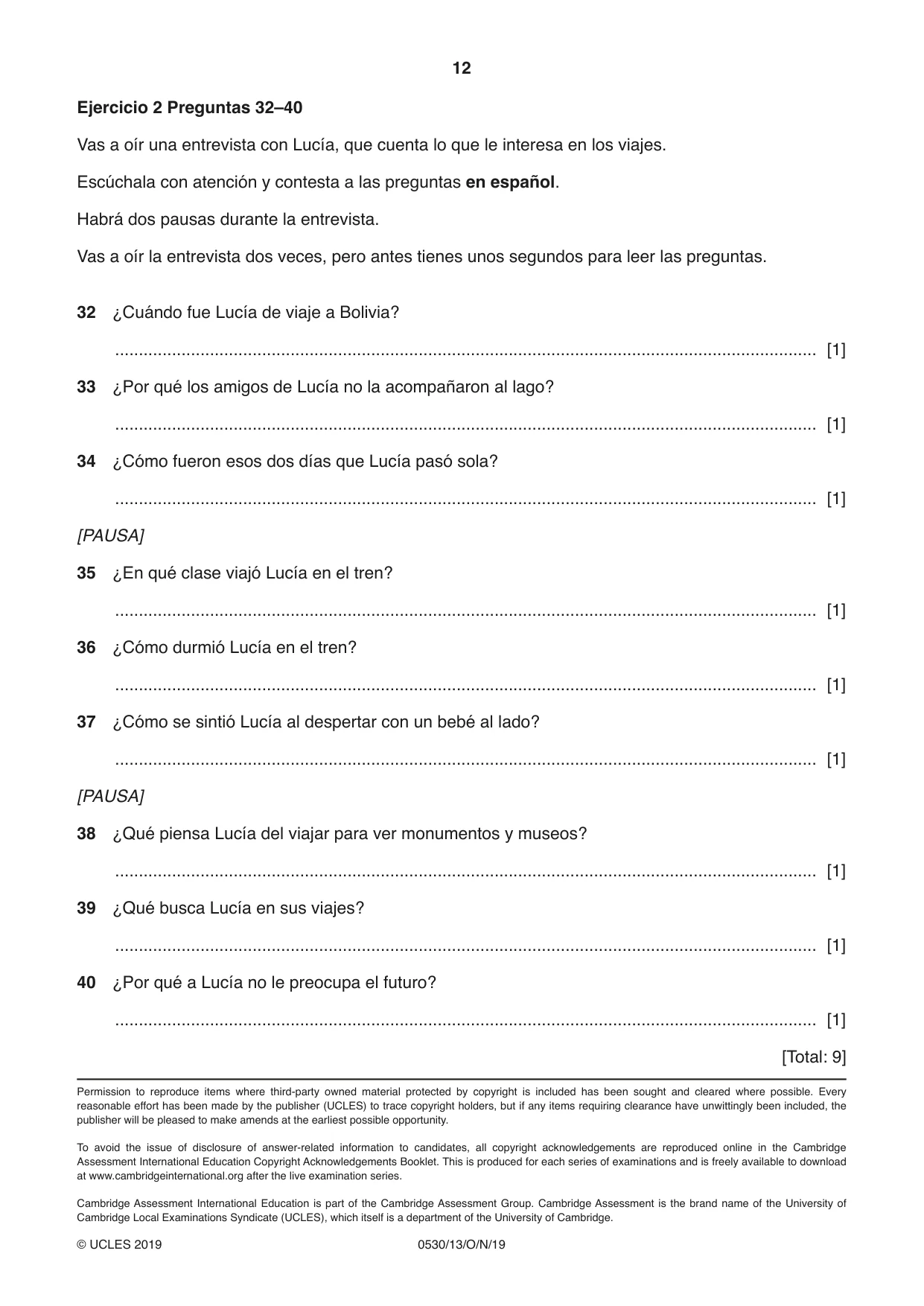 Cambridge IGCSE Spanish - Foreign Language 0530 2019 Oct/Nov Paper 1 · Variant 3 question paper, page 12 of 12