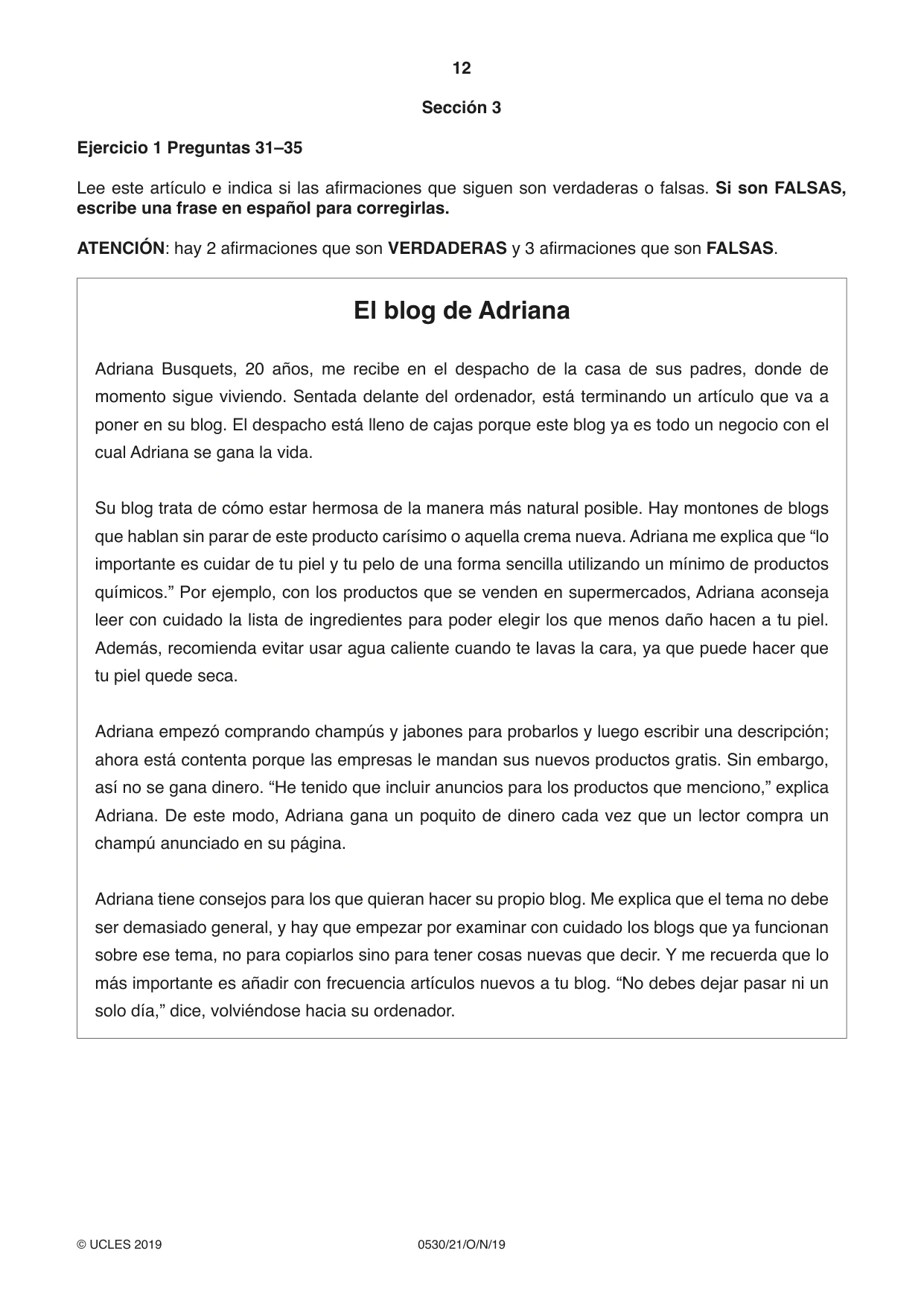 Cambridge IGCSE Spanish - Foreign Language 0530 2019 Oct/Nov Paper 2 · Variant 1 question paper, page 12 of 16