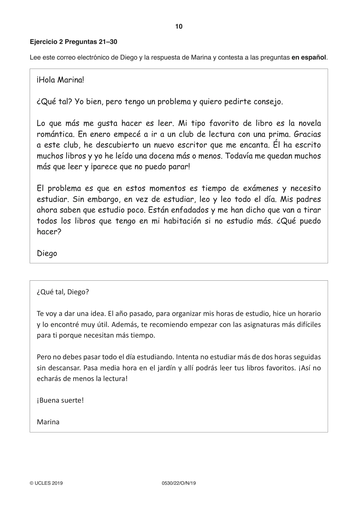 Cambridge IGCSE Spanish - Foreign Language 0530 2019 Oct/Nov Paper 2 · Variant 2 question paper, page 10 of 16