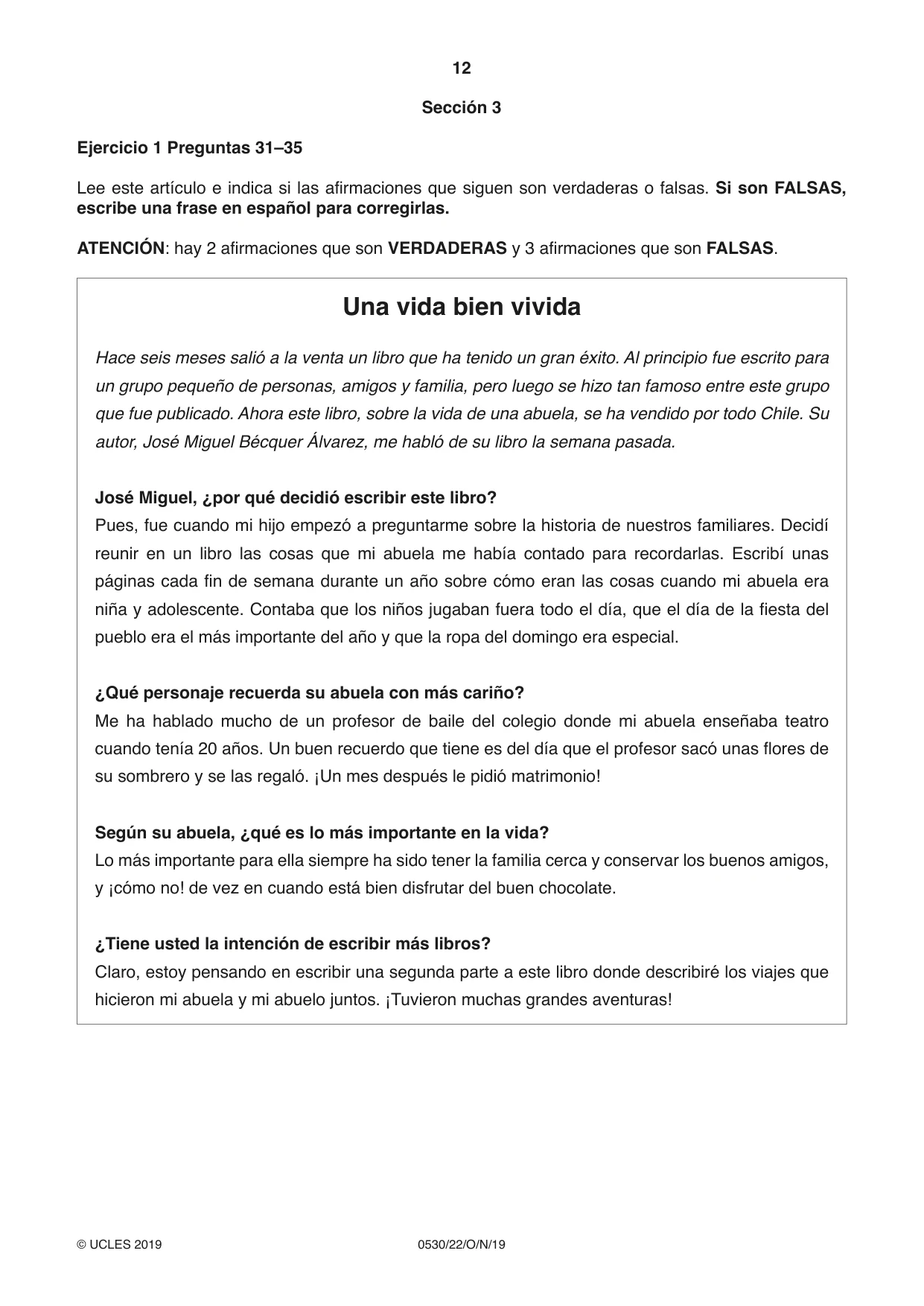 Cambridge IGCSE Spanish - Foreign Language 0530 2019 Oct/Nov Paper 2 · Variant 2 question paper, page 12 of 16