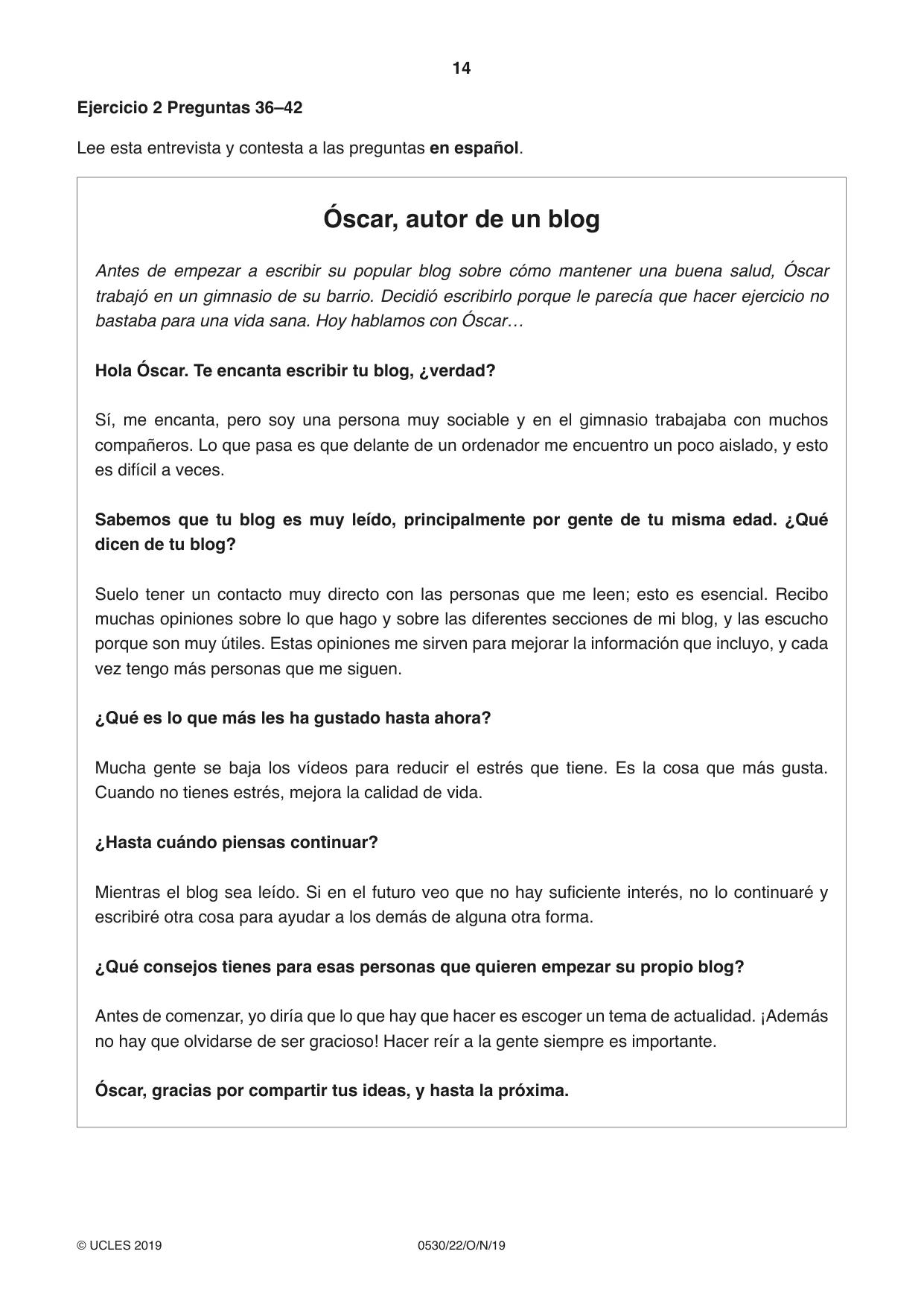 Cambridge IGCSE Spanish - Foreign Language 0530 2019 Oct/Nov Paper 2 · Variant 2 question paper, page 14 of 16