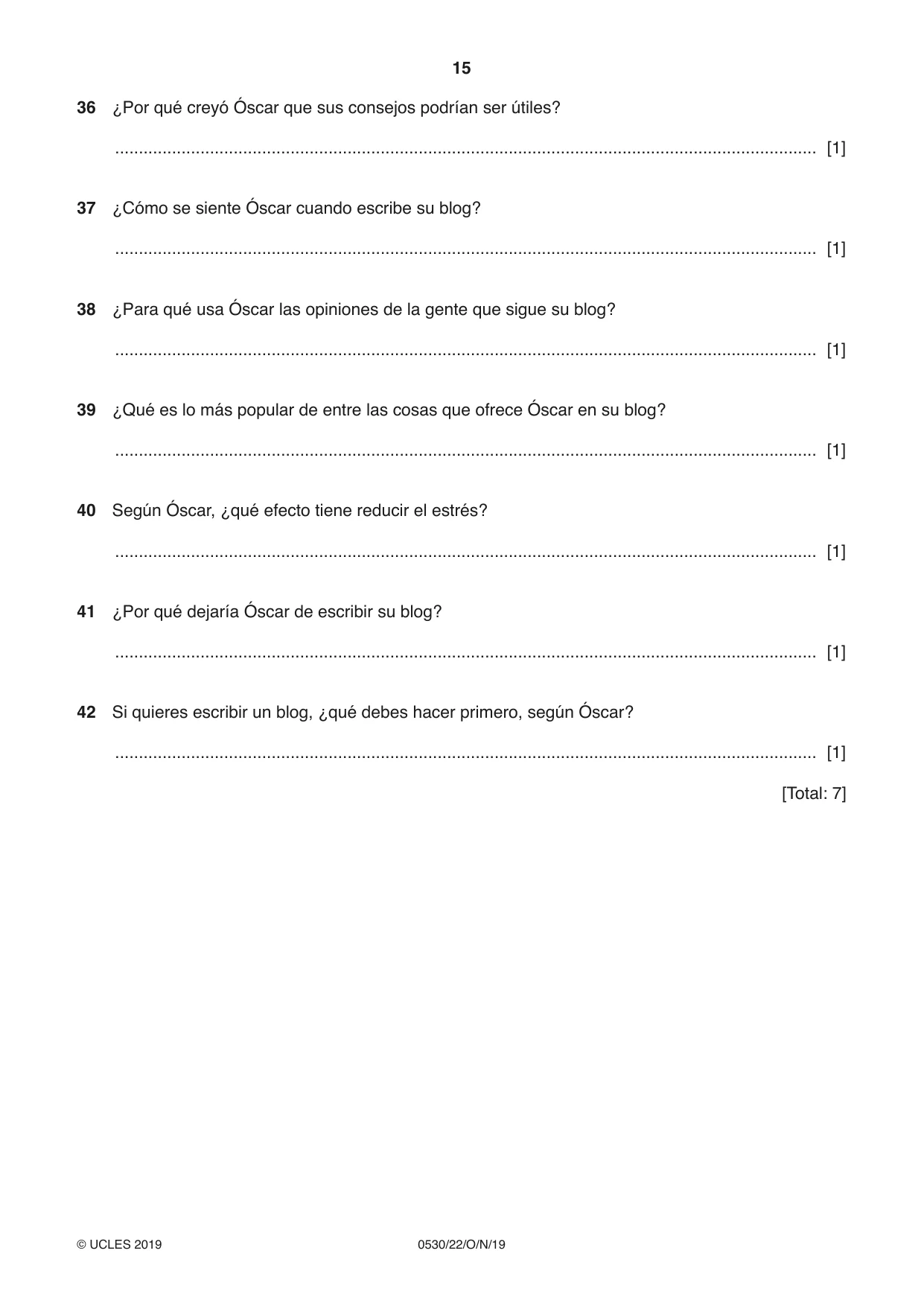 Cambridge IGCSE Spanish - Foreign Language 0530 2019 Oct/Nov Paper 2 · Variant 2 question paper, page 15 of 16