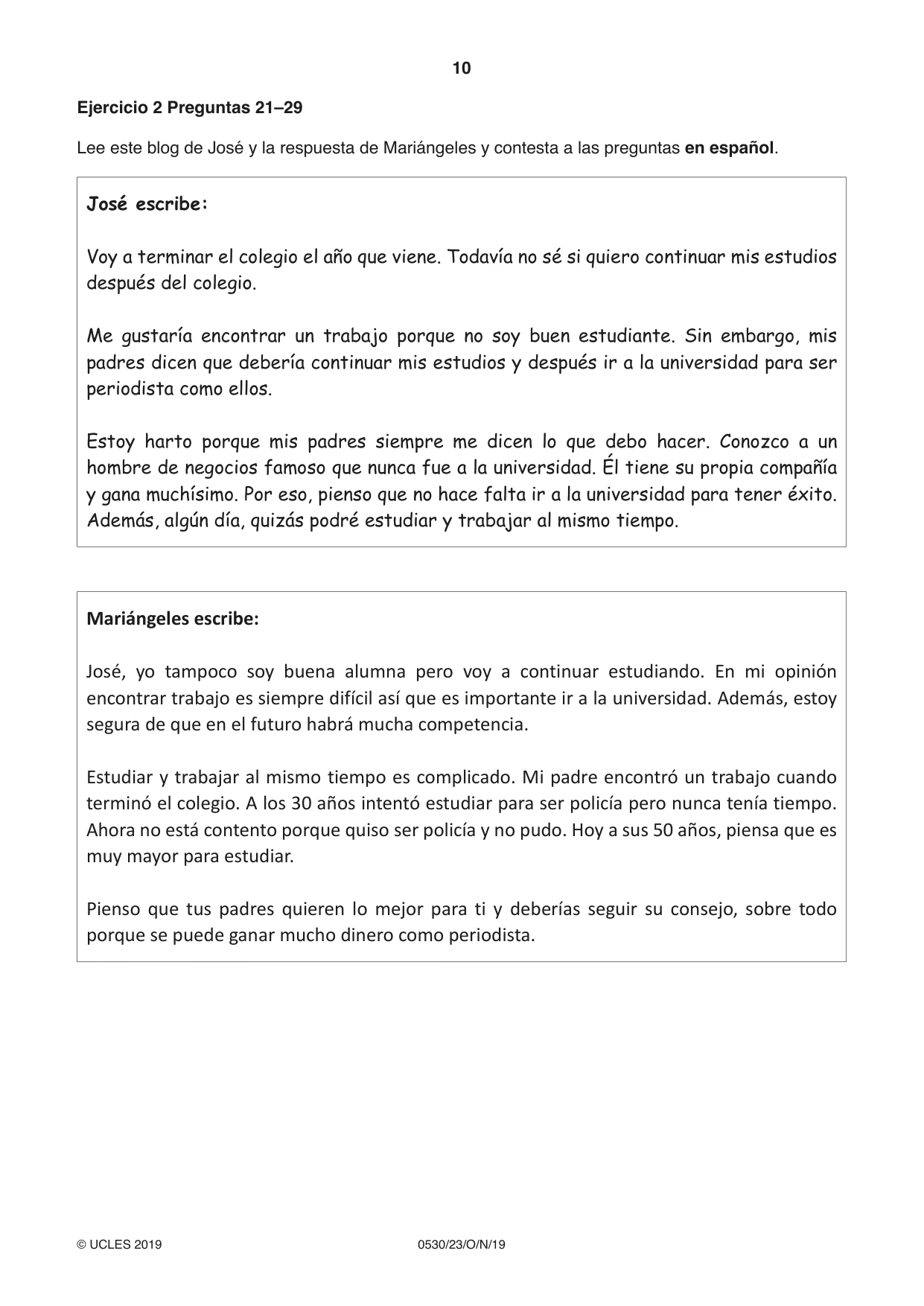 Cambridge IGCSE Spanish - Foreign Language 0530 2019 Oct/Nov Paper 2 · Variant 3 question paper, page 10 of 16