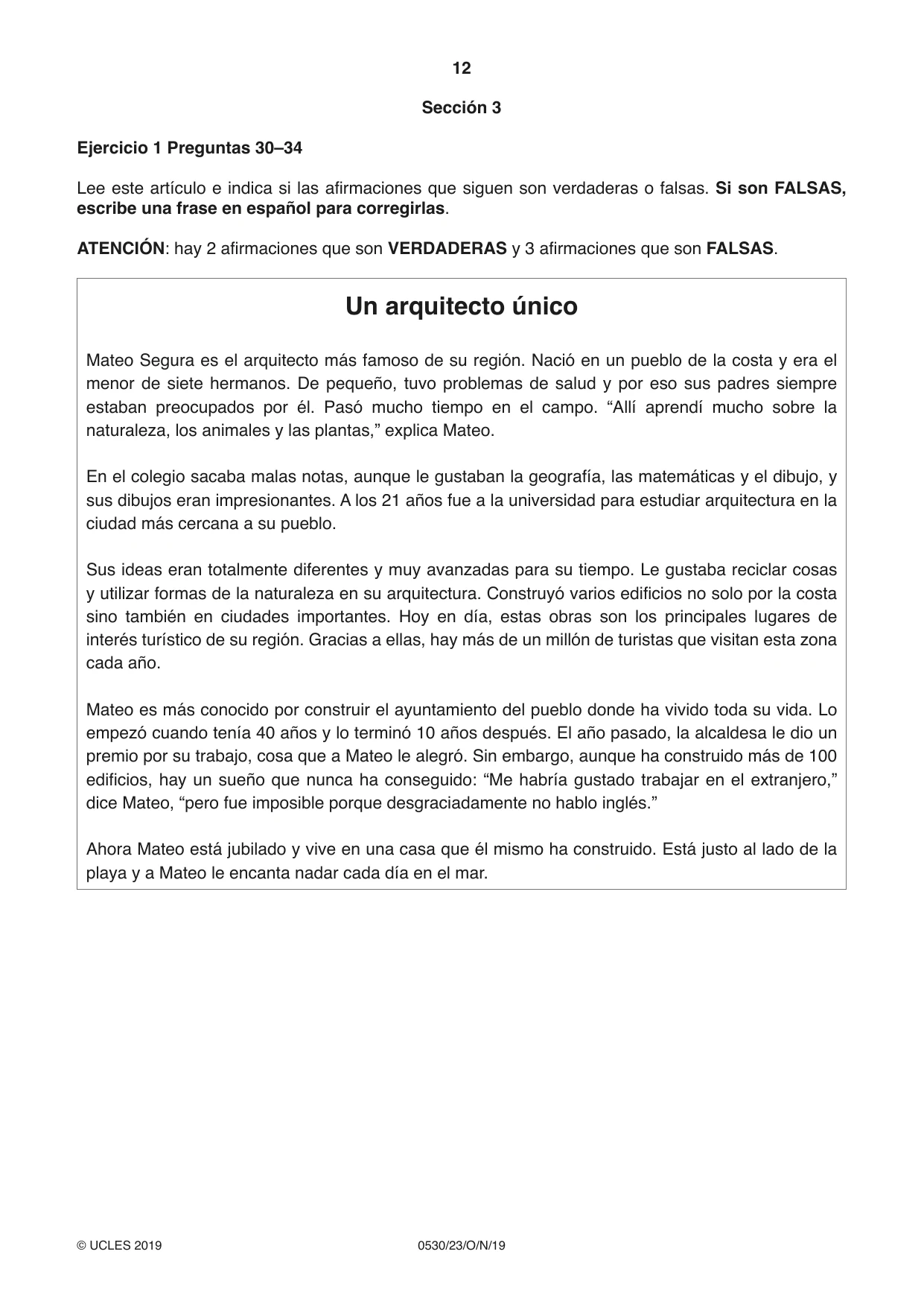 Cambridge IGCSE Spanish - Foreign Language 0530 2019 Oct/Nov Paper 2 · Variant 3 question paper, page 12 of 16
