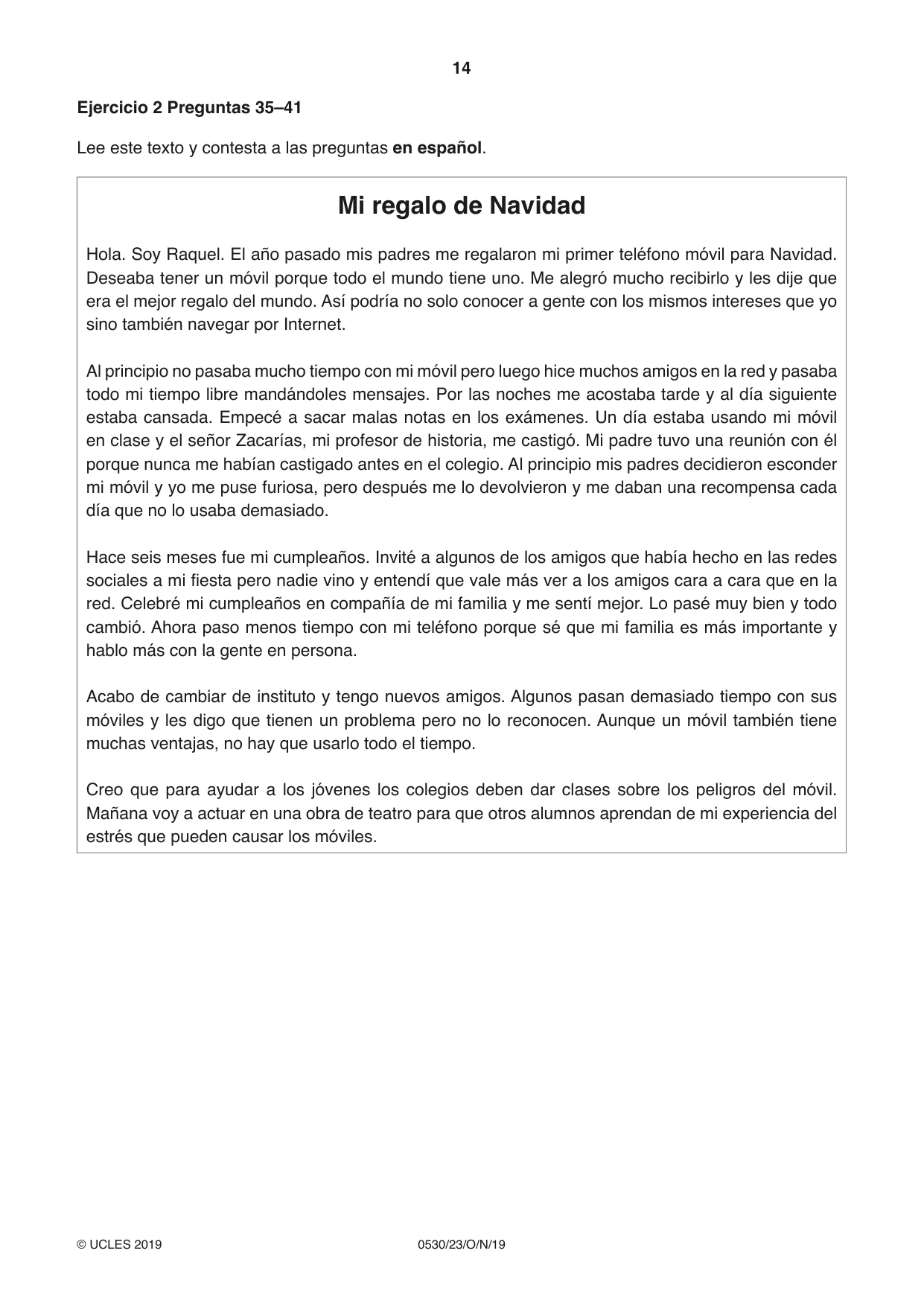 Cambridge IGCSE Spanish - Foreign Language 0530 2019 Oct/Nov Paper 2 · Variant 3 question paper, page 14 of 16