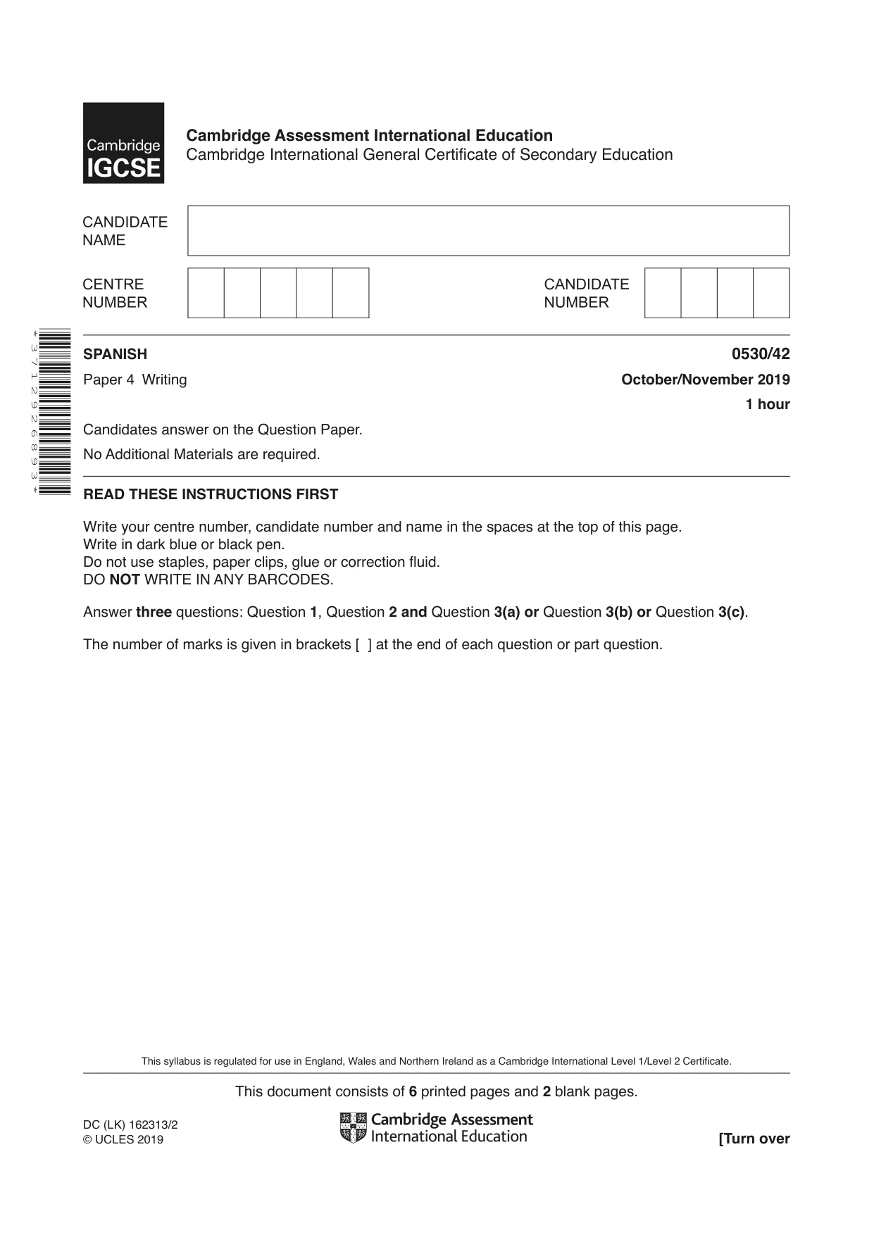 Cambridge IGCSE Spanish - Foreign Language 0530 2019 Oct/Nov Paper 4 · Variant 2 question paper, page 1 of 8