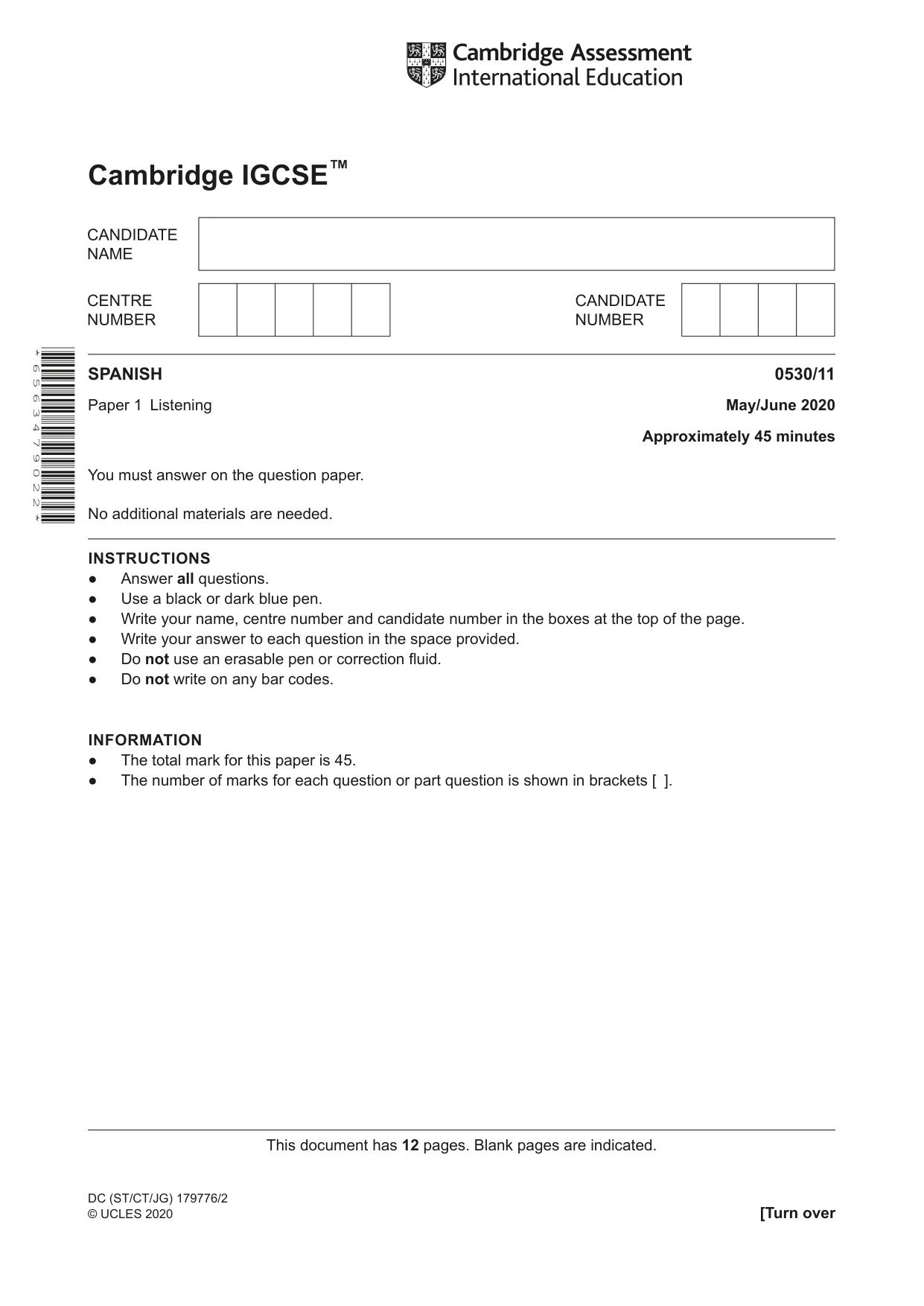 Cambridge IGCSE Spanish - Foreign Language 0530 2020 May/June Paper 1 · Variant 1 question paper, page 1 of 12