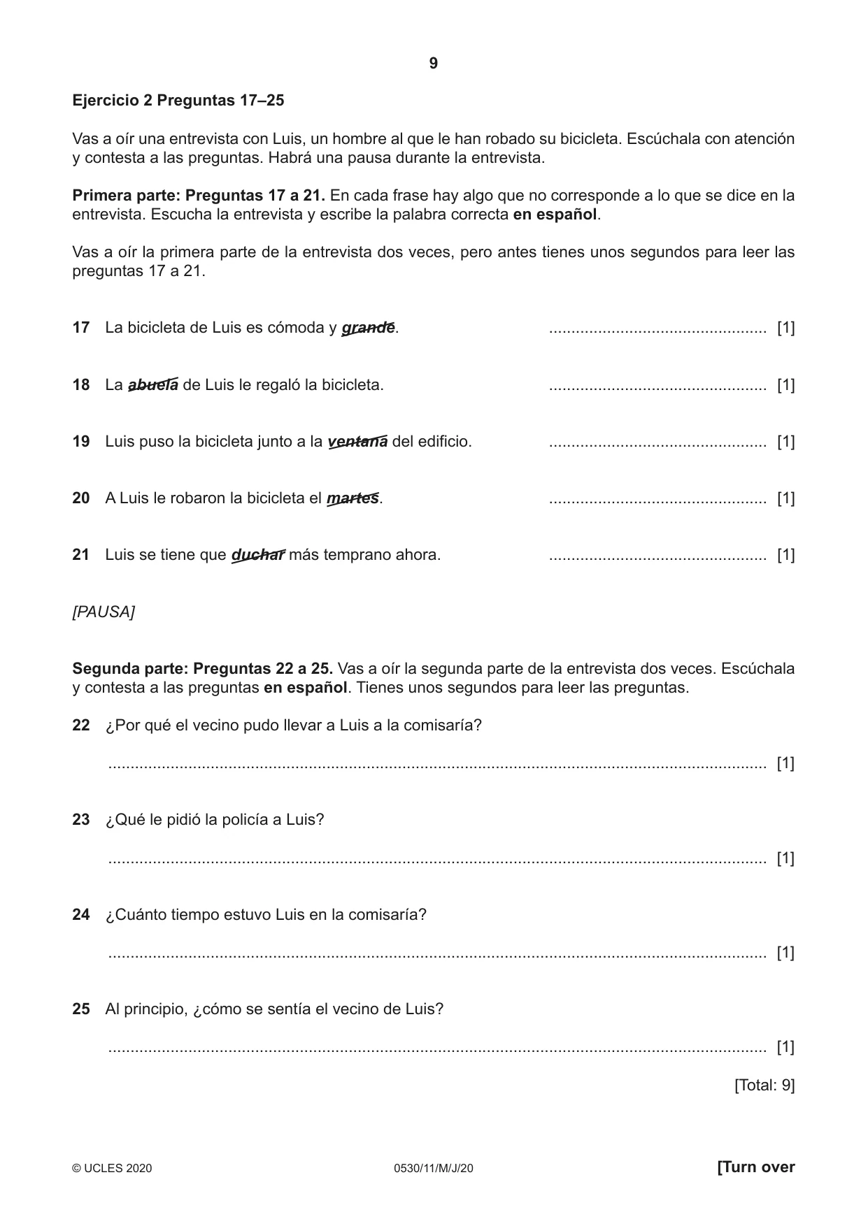Cambridge IGCSE Spanish - Foreign Language 0530 2020 May/June Paper 1 · Variant 1 question paper, page 9 of 12