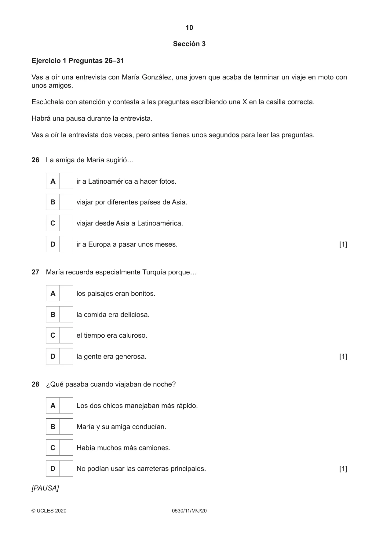 Cambridge IGCSE Spanish - Foreign Language 0530 2020 May/June Paper 1 · Variant 1 question paper, page 10 of 12