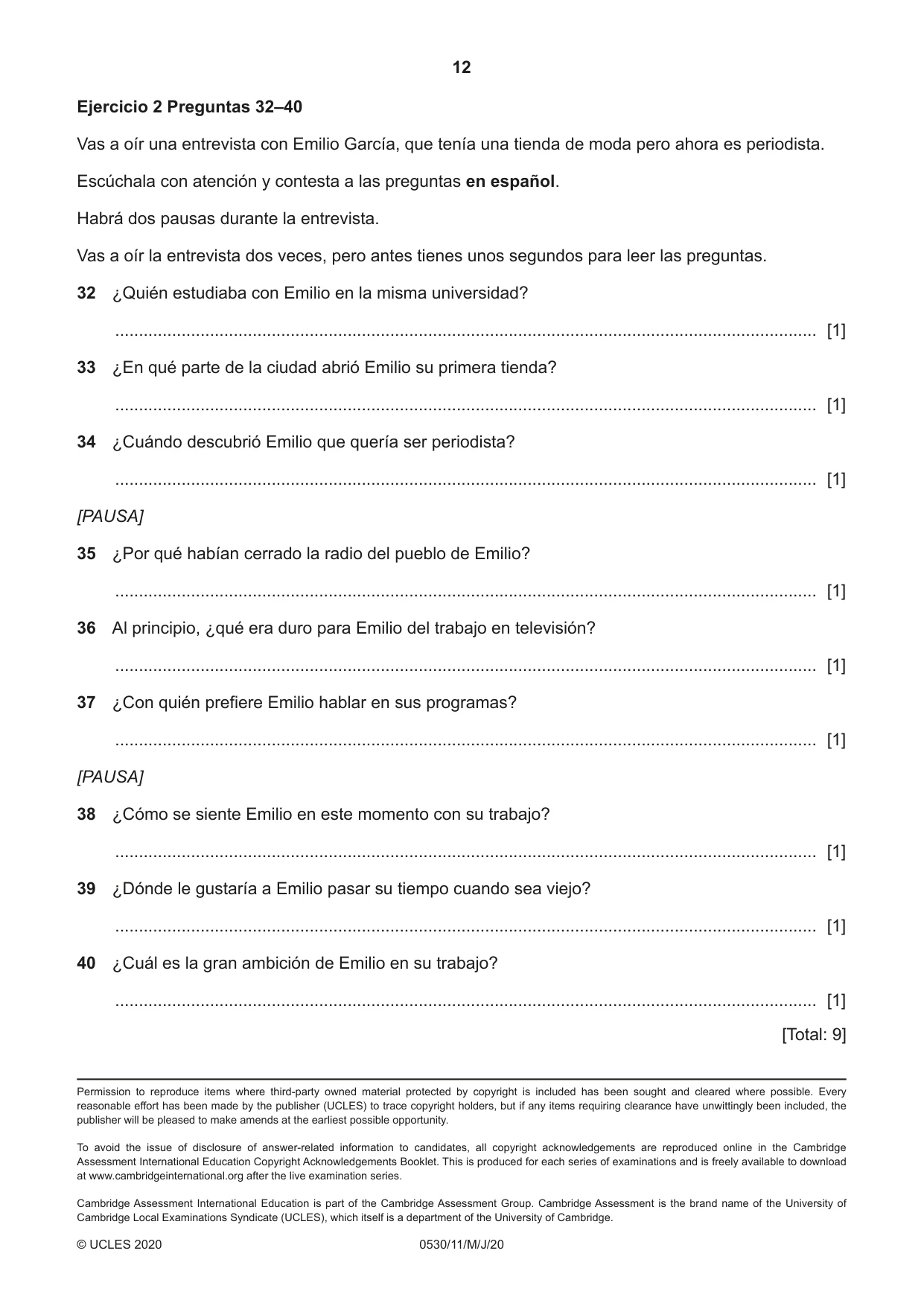 Cambridge IGCSE Spanish - Foreign Language 0530 2020 May/June Paper 1 · Variant 1 question paper, page 12 of 12