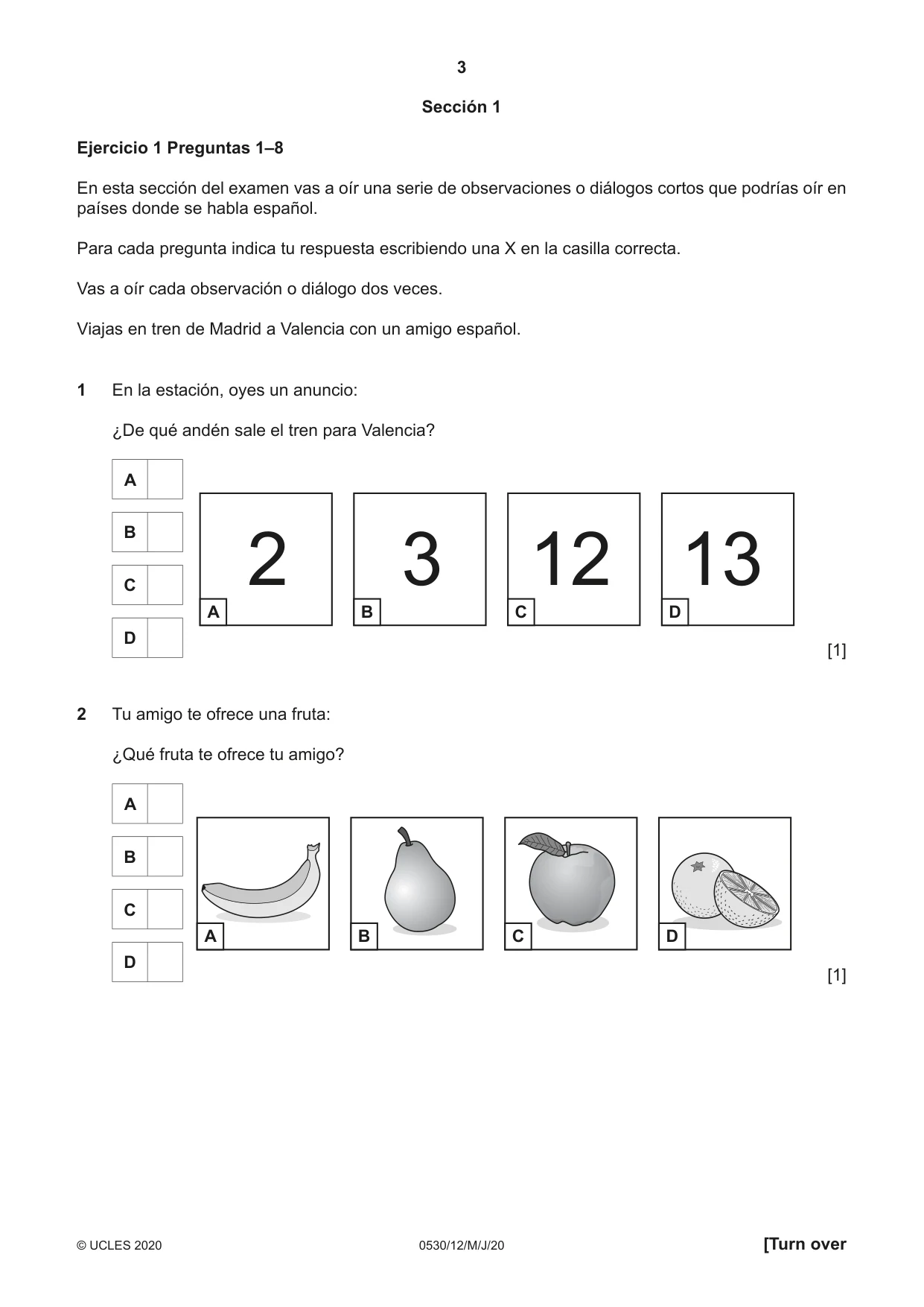 Cambridge IGCSE Spanish - Foreign Language 0530 2020 May/June Paper 1 · Variant 2 question paper, page 3 of 12