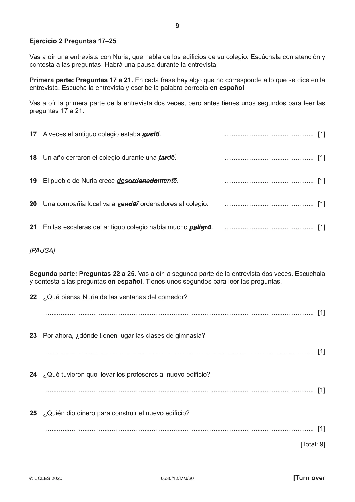 Cambridge IGCSE Spanish - Foreign Language 0530 2020 May/June Paper 1 · Variant 2 question paper, page 9 of 12