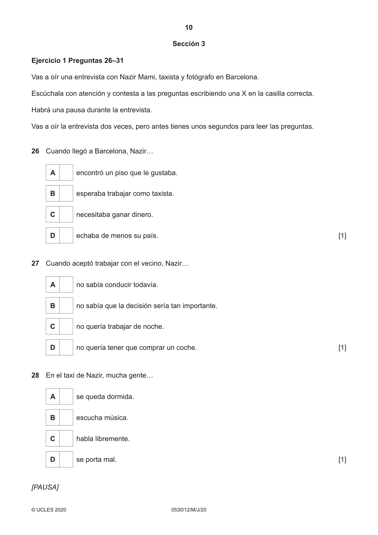 Cambridge IGCSE Spanish - Foreign Language 0530 2020 May/June Paper 1 · Variant 2 question paper, page 10 of 12