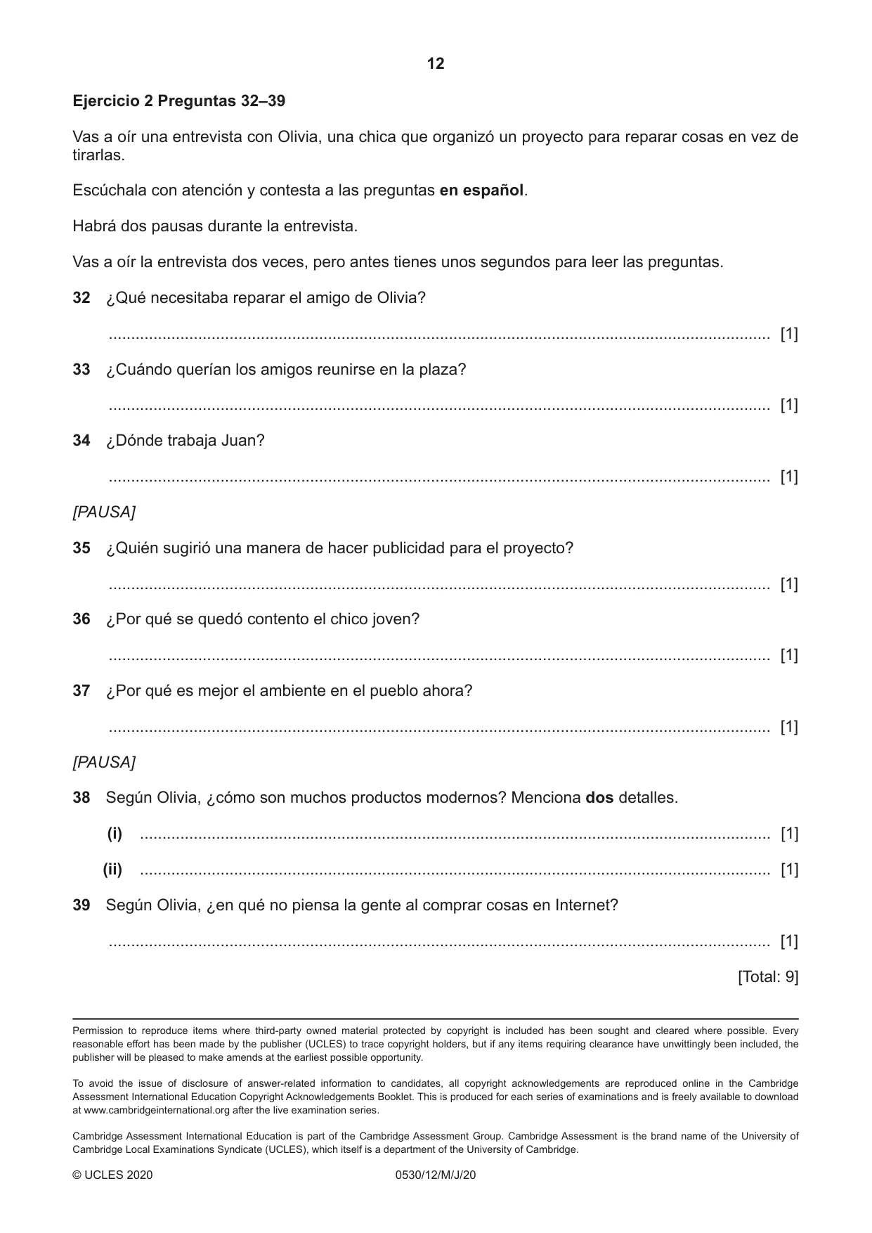Cambridge IGCSE Spanish - Foreign Language 0530 2020 May/June Paper 1 · Variant 2 question paper, page 12 of 12