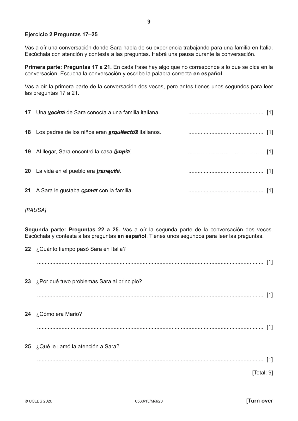 Cambridge IGCSE Spanish - Foreign Language 0530 2020 May/June Paper 1 · Variant 3 question paper, page 9 of 12