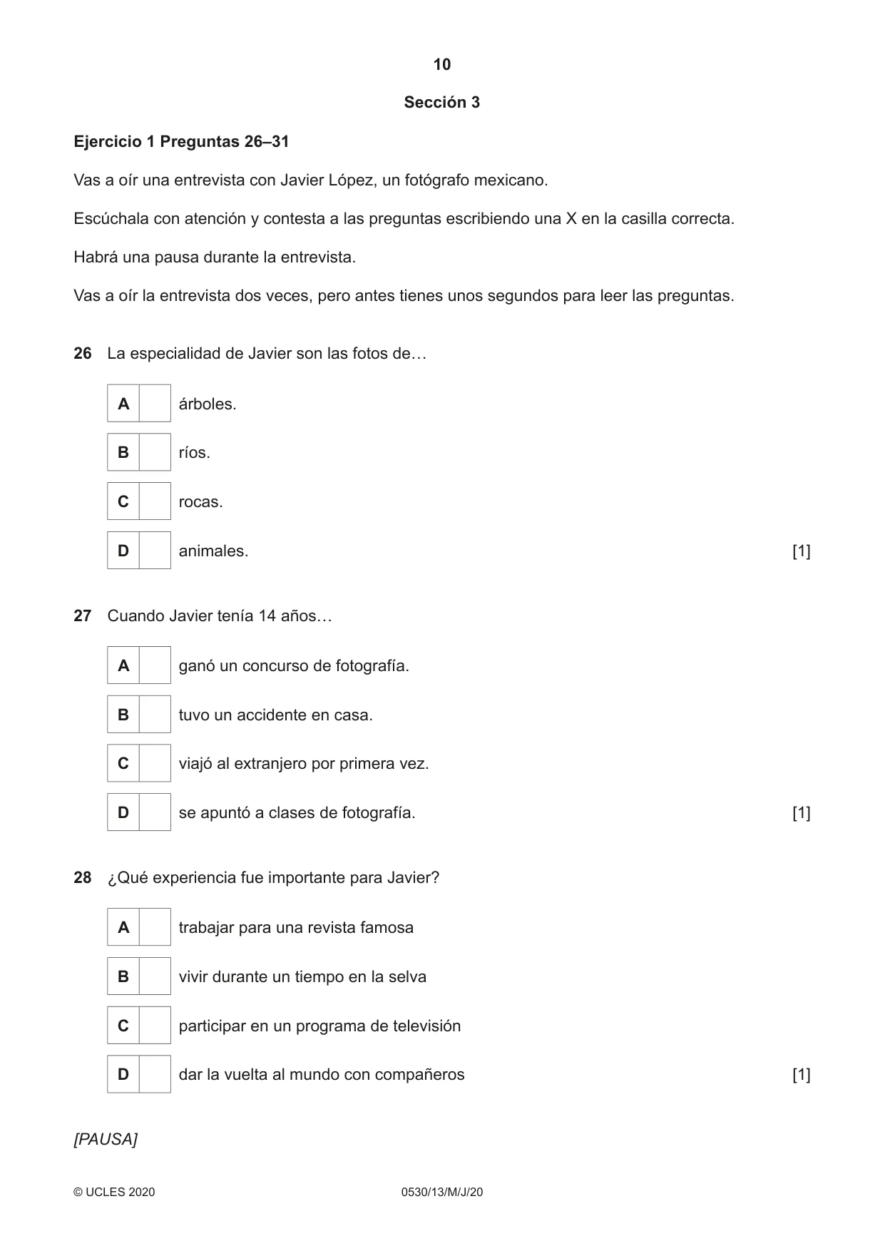 Cambridge IGCSE Spanish - Foreign Language 0530 2020 May/June Paper 1 · Variant 3 question paper, page 10 of 12