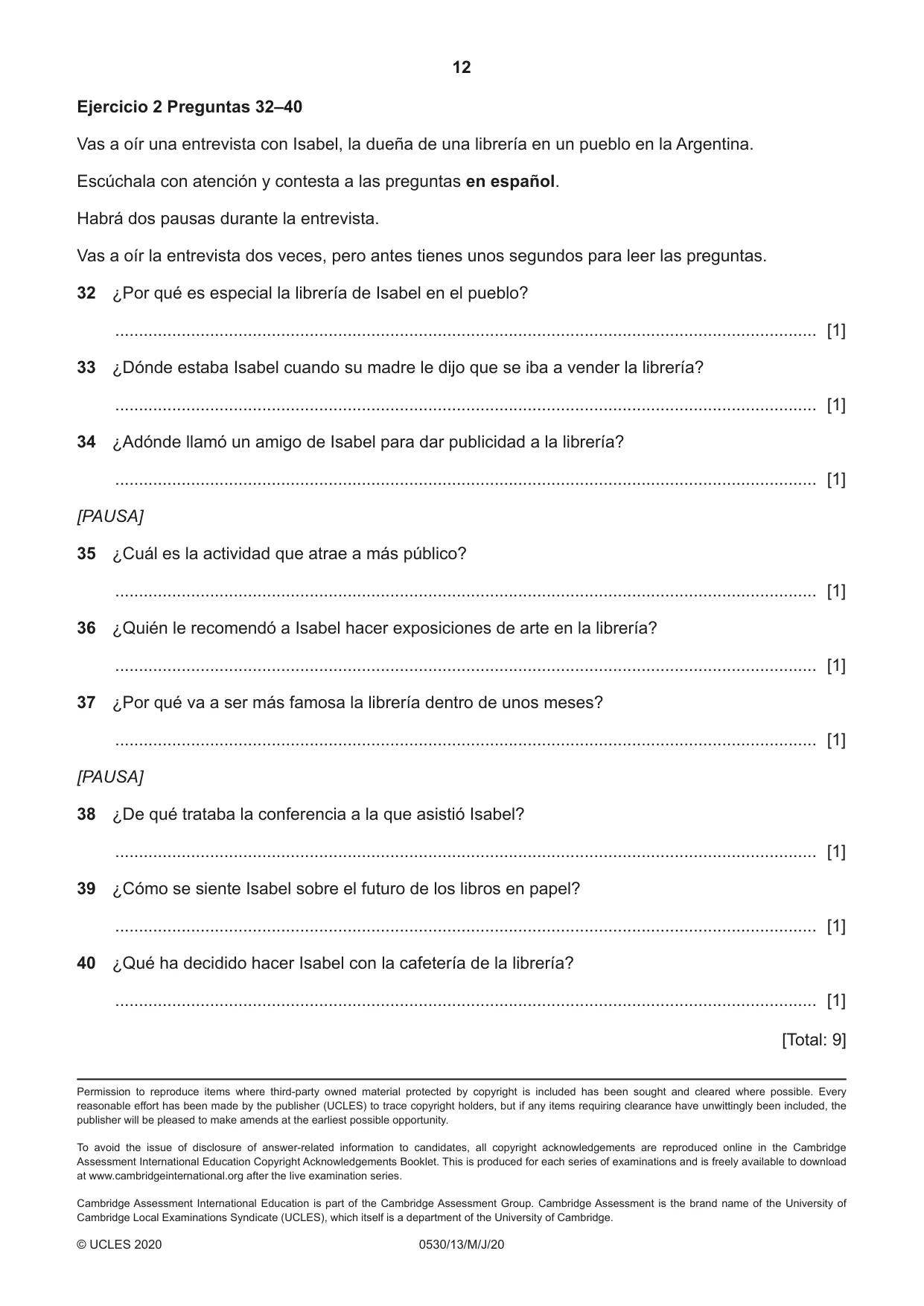 Cambridge IGCSE Spanish - Foreign Language 0530 2020 May/June Paper 1 · Variant 3 question paper, page 12 of 12