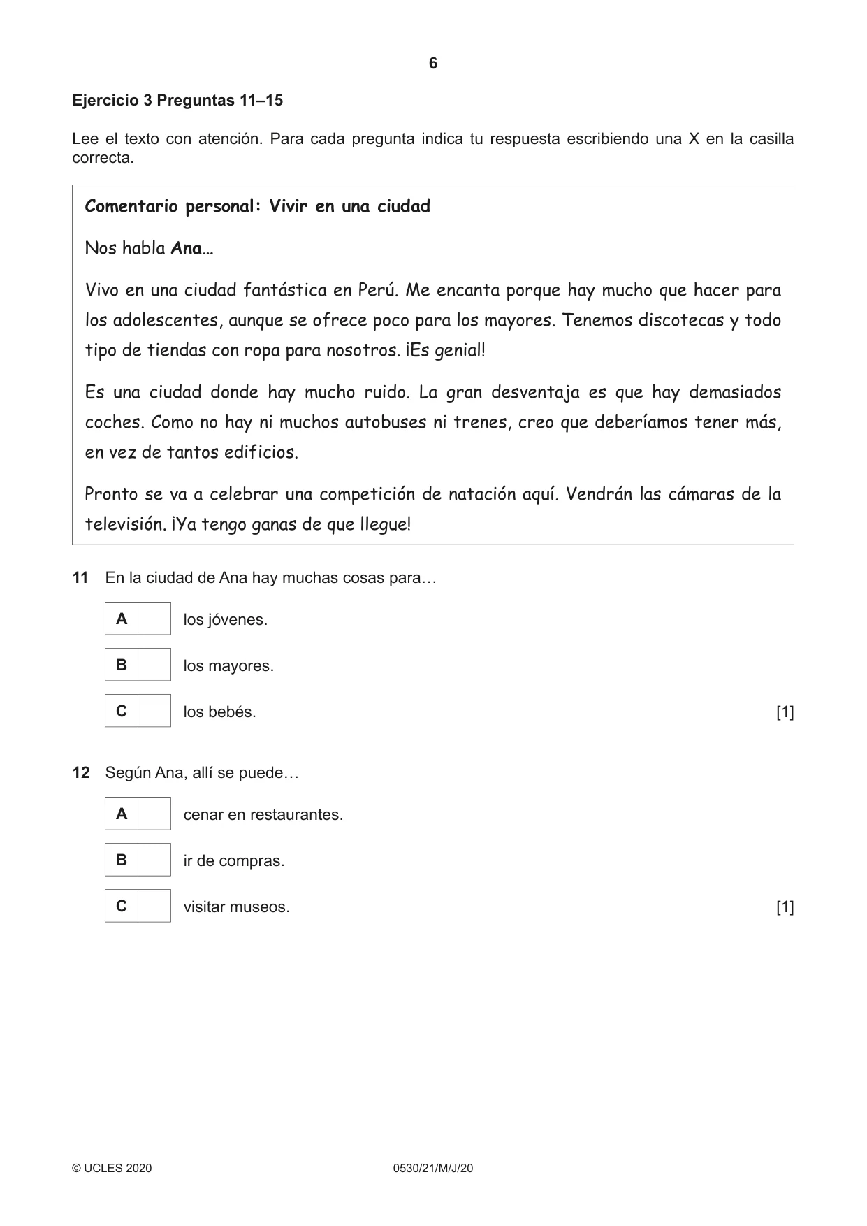 Cambridge IGCSE Spanish - Foreign Language 0530 2020 May/June Paper 2 · Variant 1 question paper, page 6 of 16
