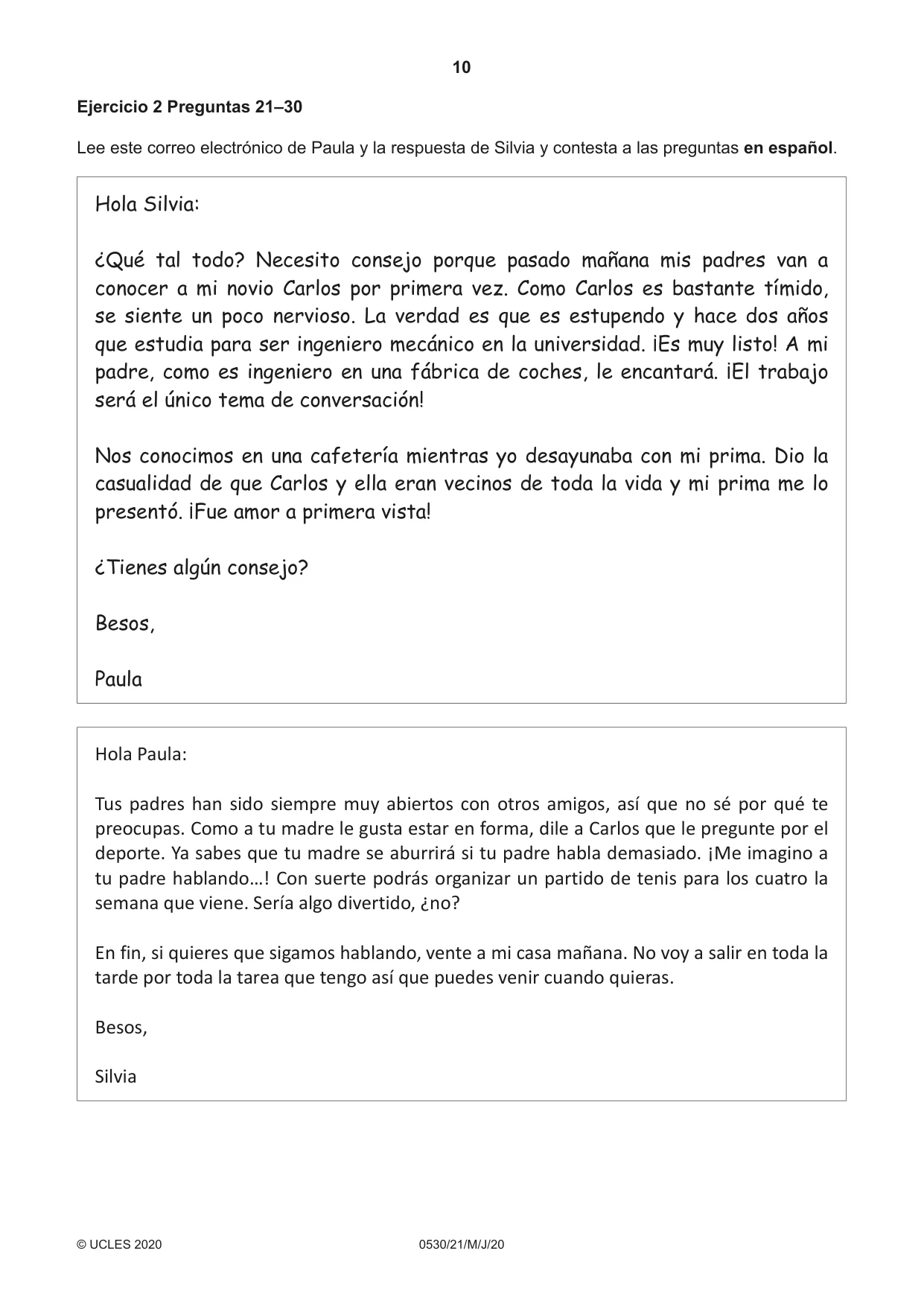 Cambridge IGCSE Spanish - Foreign Language 0530 2020 May/June Paper 2 · Variant 1 question paper, page 10 of 16