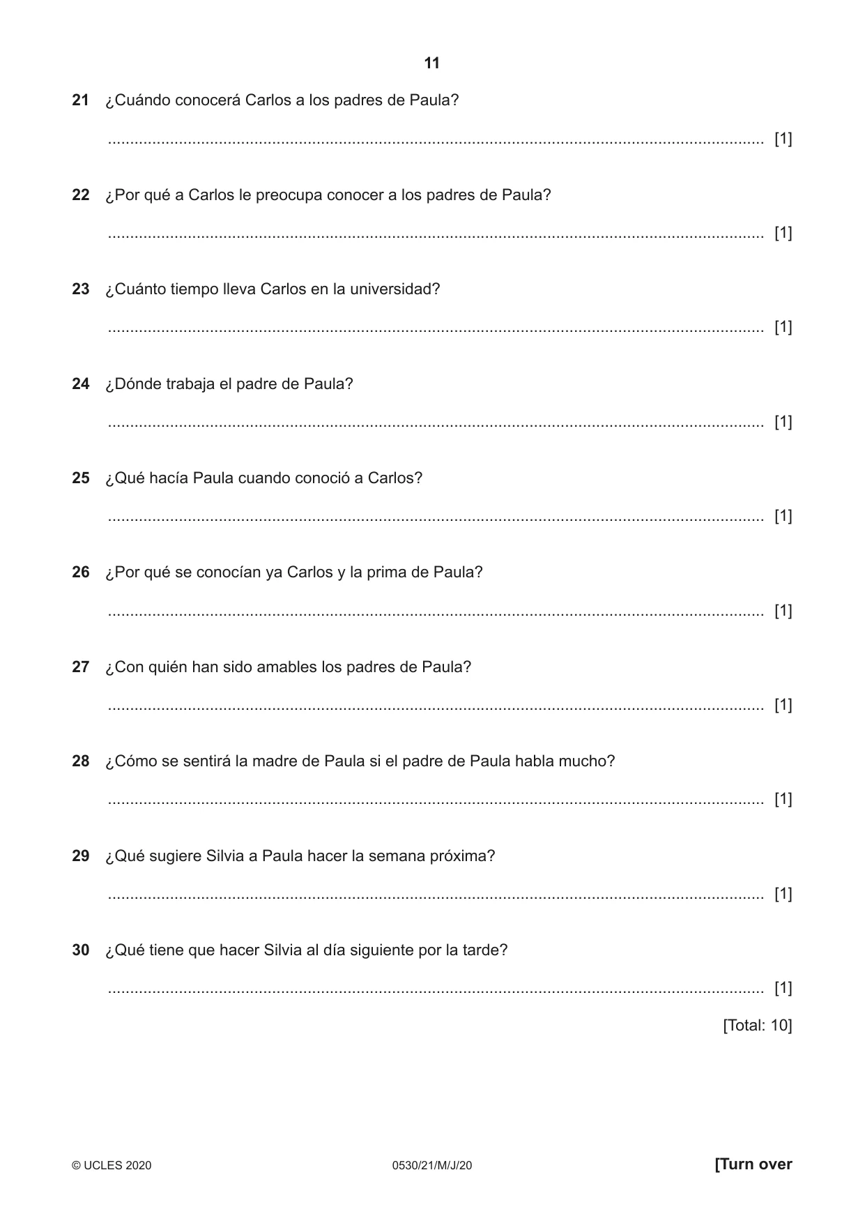 Cambridge IGCSE Spanish - Foreign Language 0530 2020 May/June Paper 2 · Variant 1 question paper, page 11 of 16