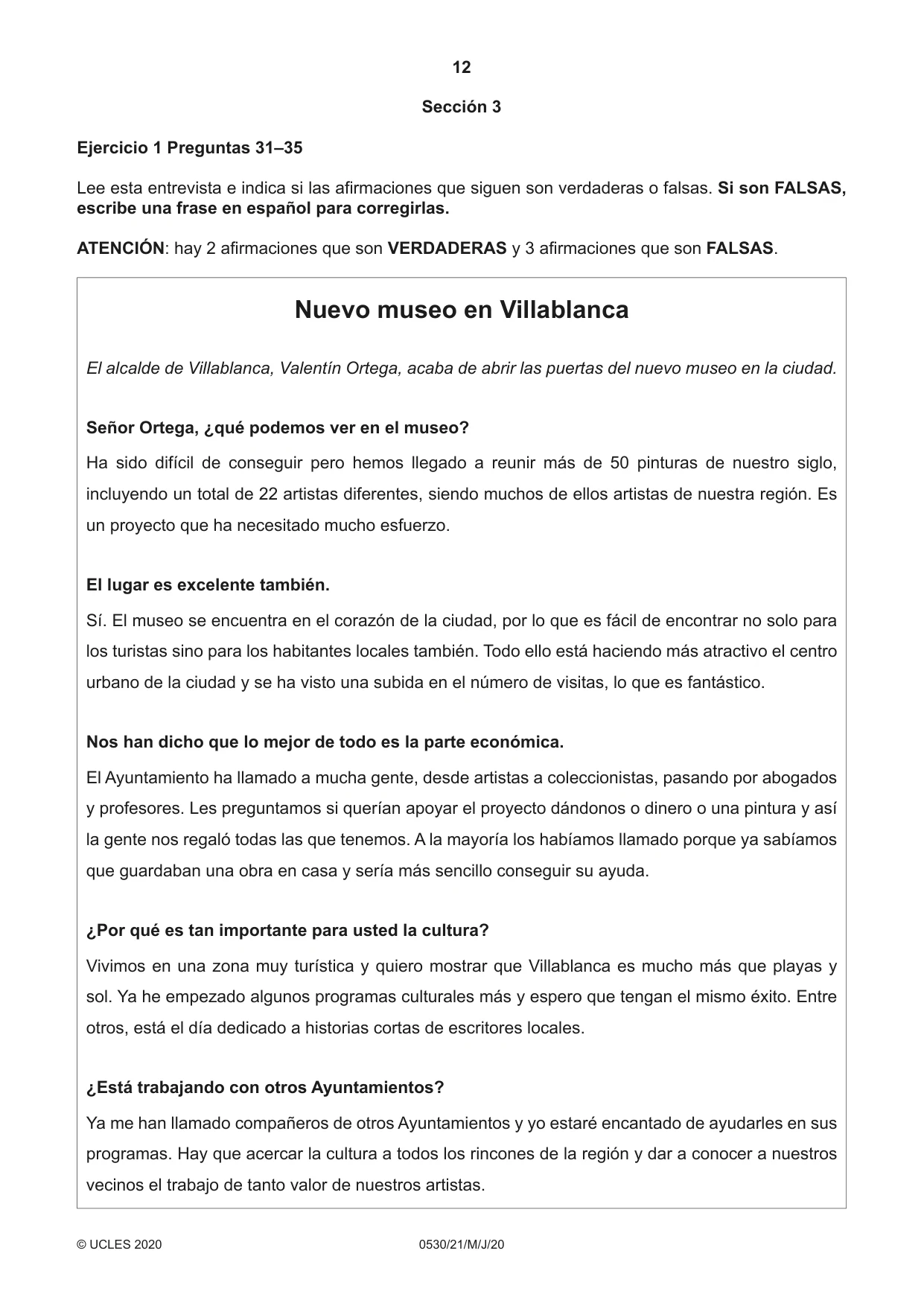 Cambridge IGCSE Spanish - Foreign Language 0530 2020 May/June Paper 2 · Variant 1 question paper, page 12 of 16