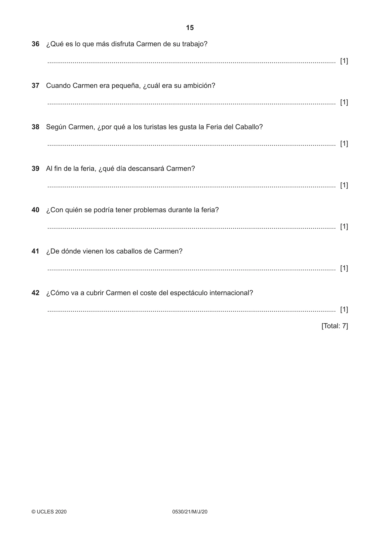 Cambridge IGCSE Spanish - Foreign Language 0530 2020 May/June Paper 2 · Variant 1 question paper, page 15 of 16