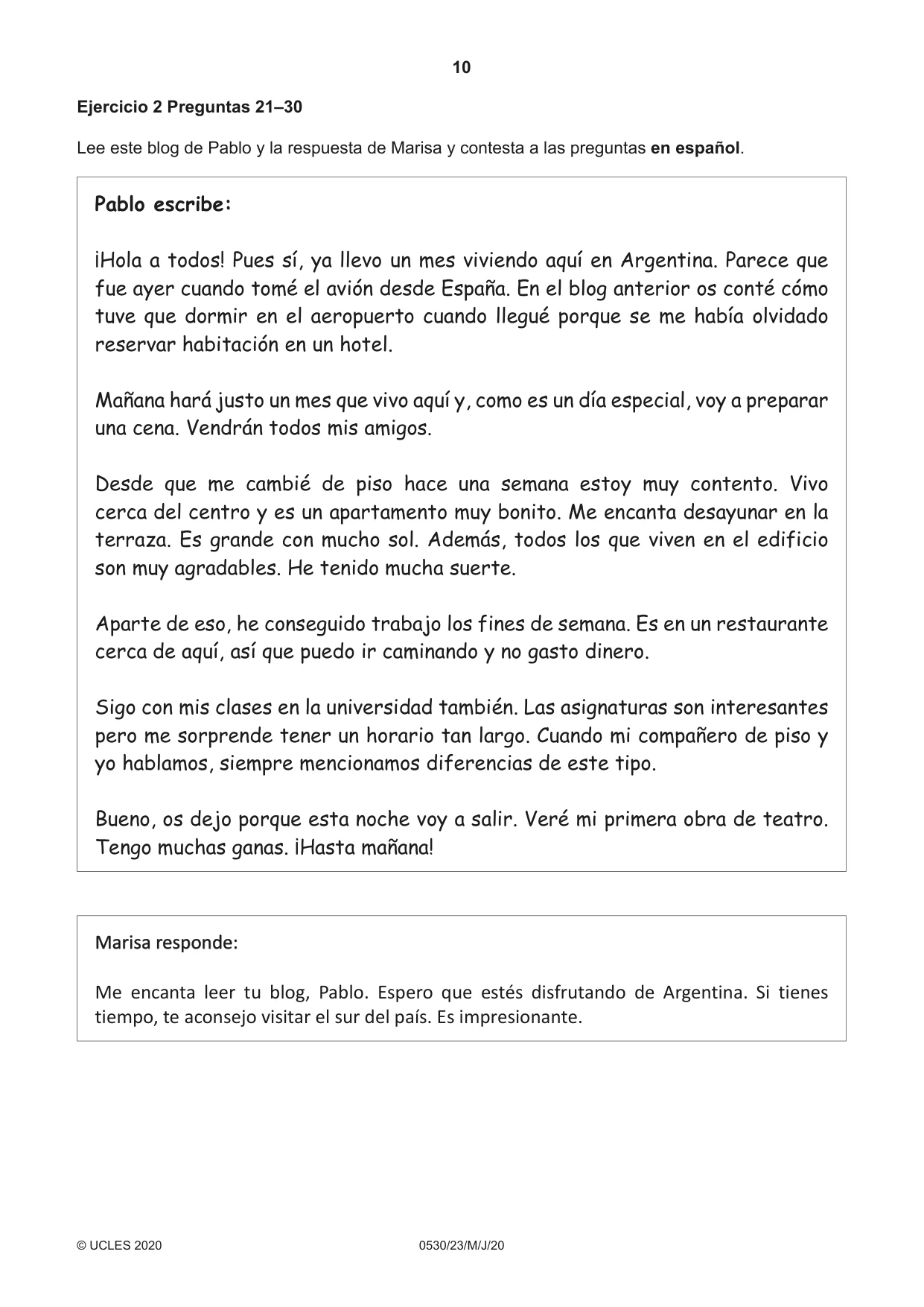 Cambridge IGCSE Spanish - Foreign Language 0530 2020 May/June Paper 2 · Variant 3 question paper, page 10 of 16