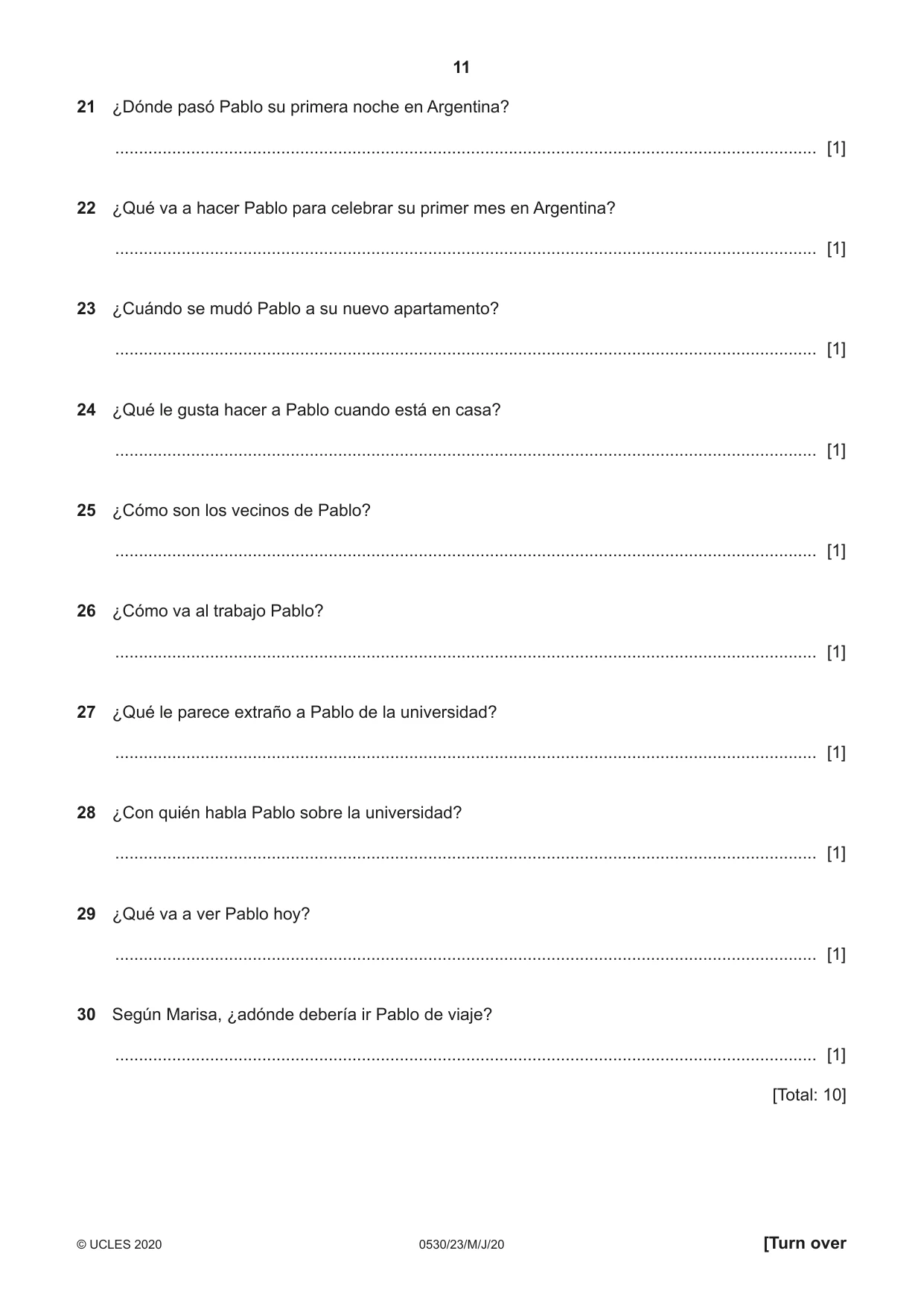 Cambridge IGCSE Spanish - Foreign Language 0530 2020 May/June Paper 2 · Variant 3 question paper, page 11 of 16