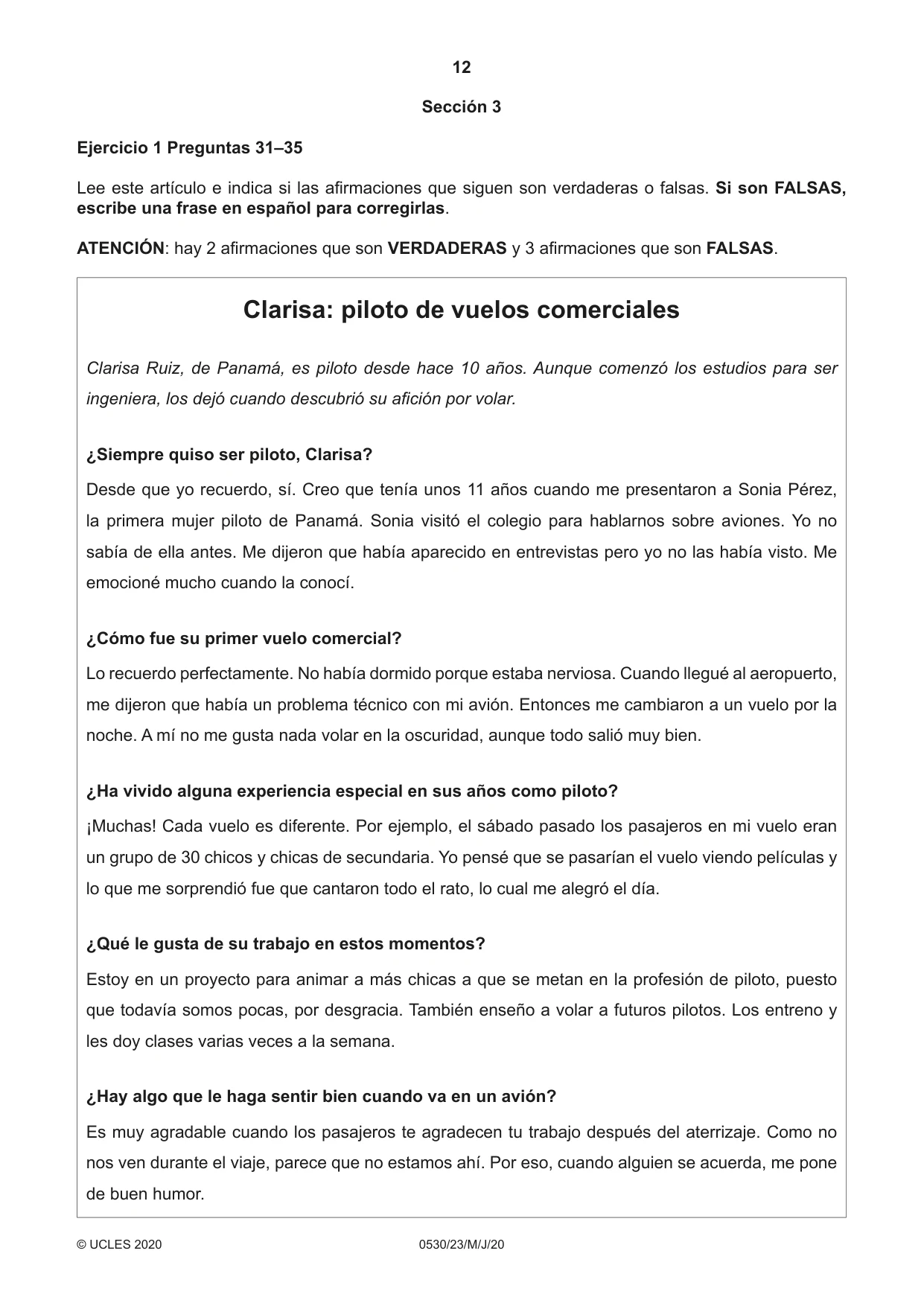 Cambridge IGCSE Spanish - Foreign Language 0530 2020 May/June Paper 2 · Variant 3 question paper, page 12 of 16