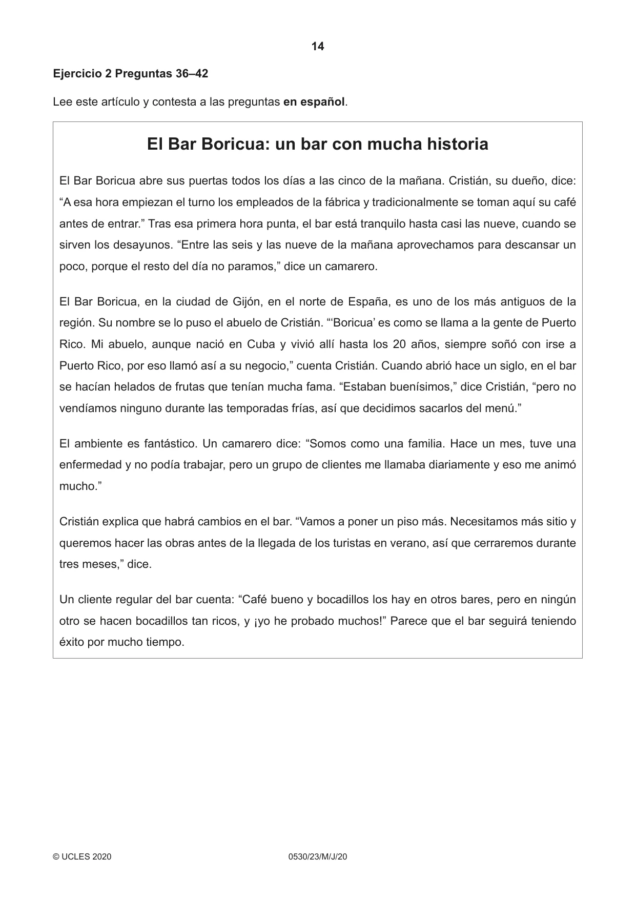 Cambridge IGCSE Spanish - Foreign Language 0530 2020 May/June Paper 2 · Variant 3 question paper, page 14 of 16