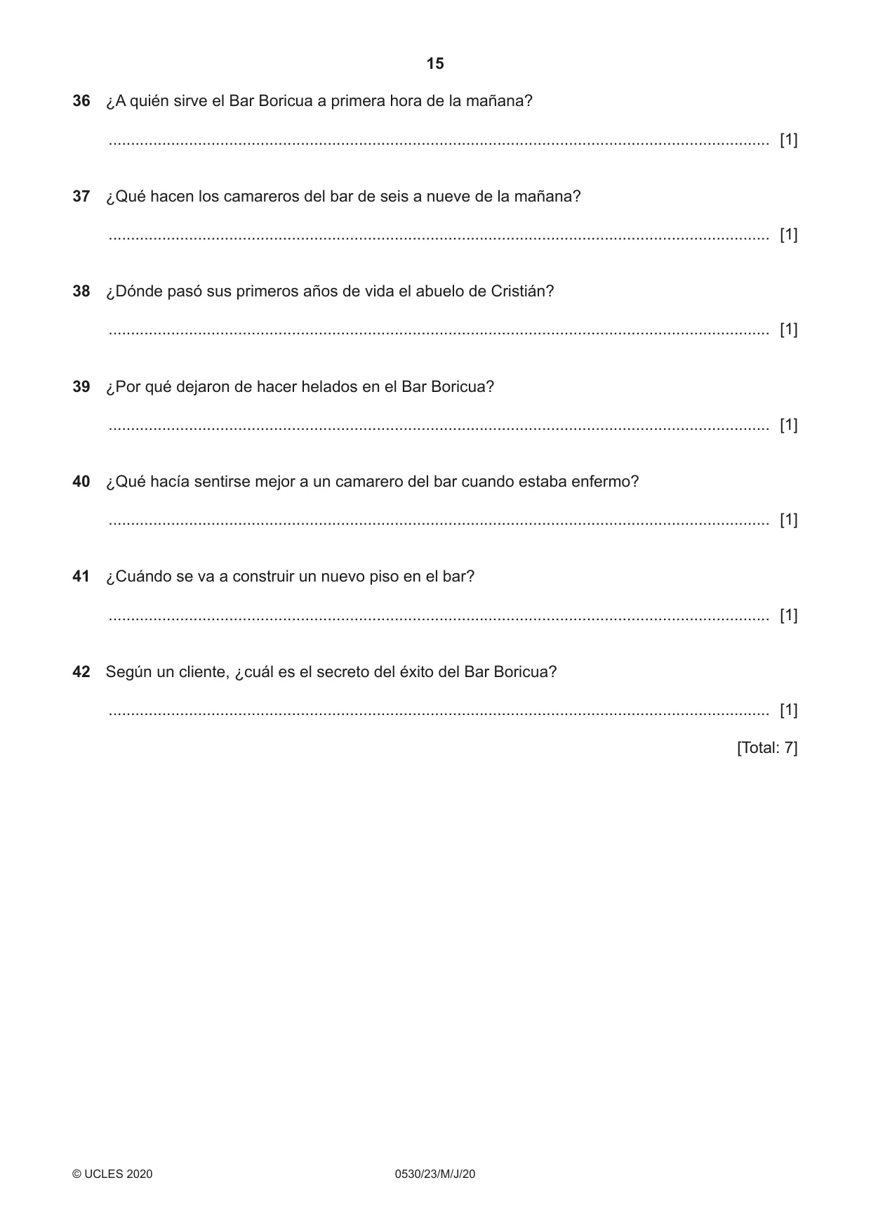 Cambridge IGCSE Spanish - Foreign Language 0530 2020 May/June Paper 2 · Variant 3 question paper, page 15 of 16