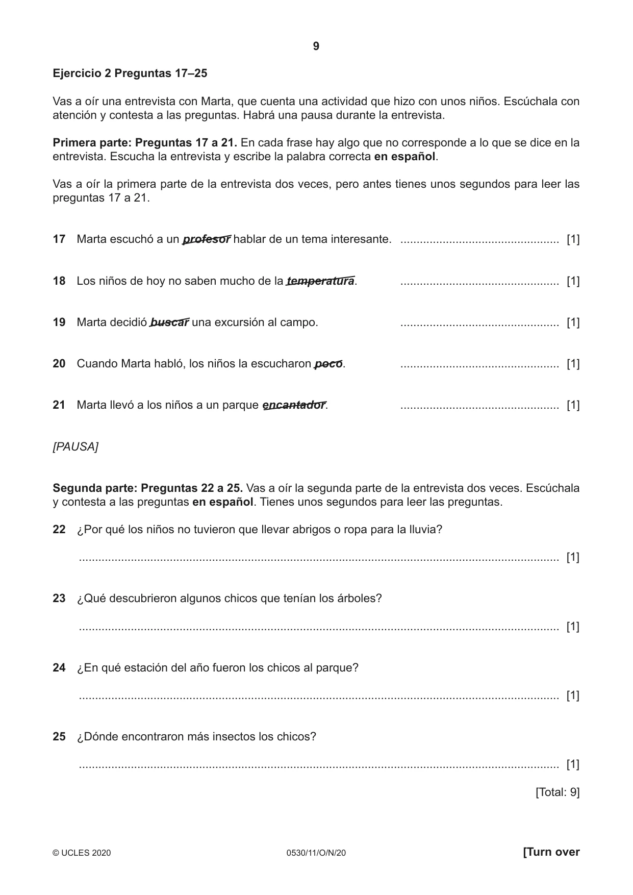 Cambridge IGCSE Spanish - Foreign Language 0530 2020 Oct/Nov Paper 1 · Variant 1 question paper, page 9 of 12