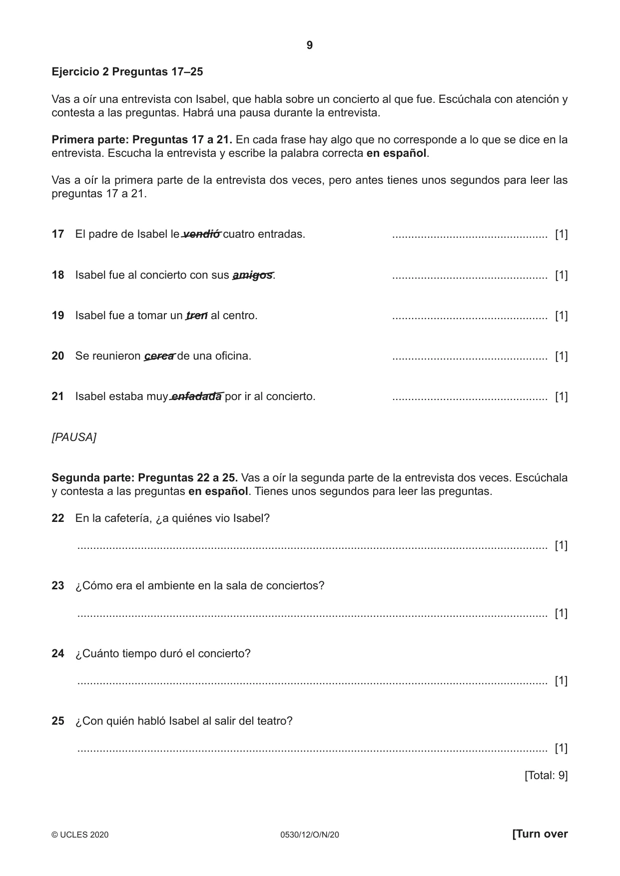 Cambridge IGCSE Spanish - Foreign Language 0530 2020 Oct/Nov Paper 1 · Variant 2 question paper, page 9 of 12