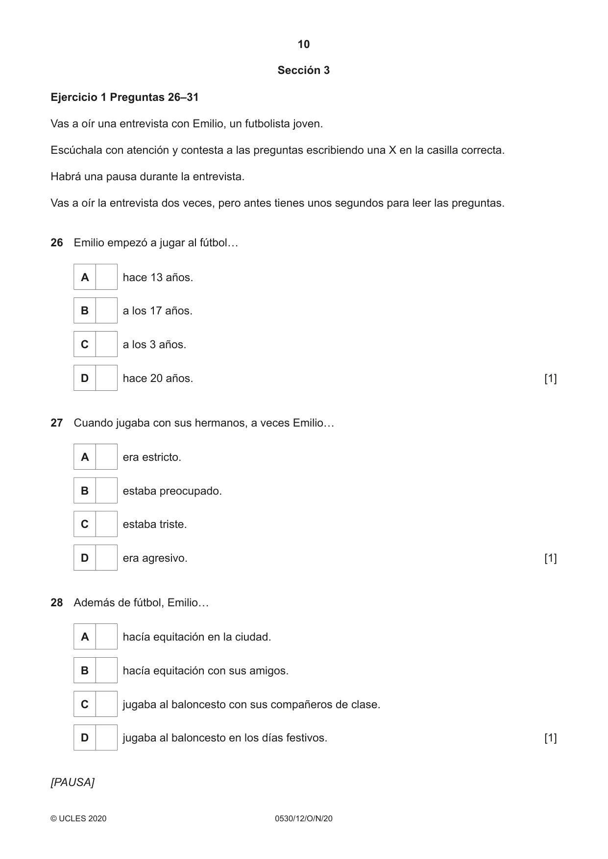 Cambridge IGCSE Spanish - Foreign Language 0530 2020 Oct/Nov Paper 1 · Variant 2 question paper, page 10 of 12