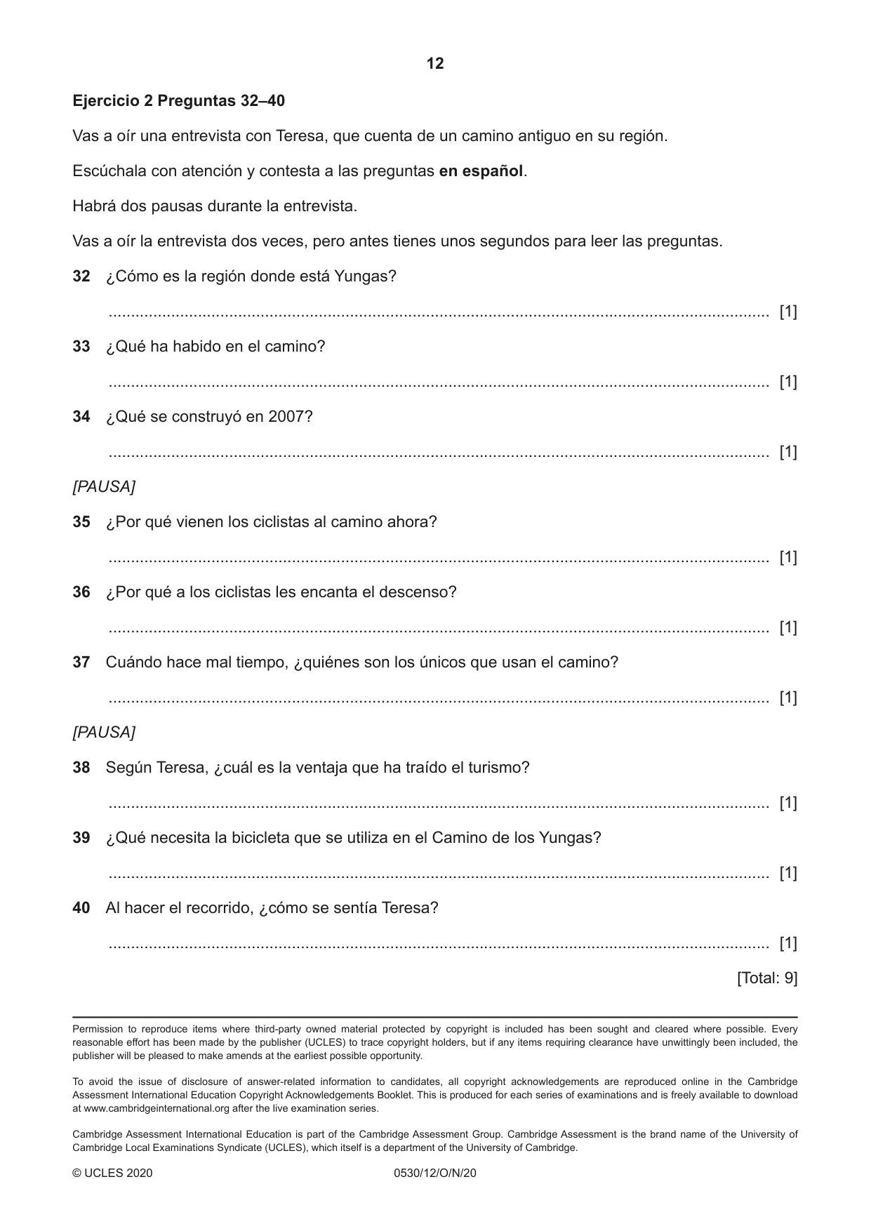 Cambridge IGCSE Spanish - Foreign Language 0530 2020 Oct/Nov Paper 1 · Variant 2 question paper, page 12 of 12