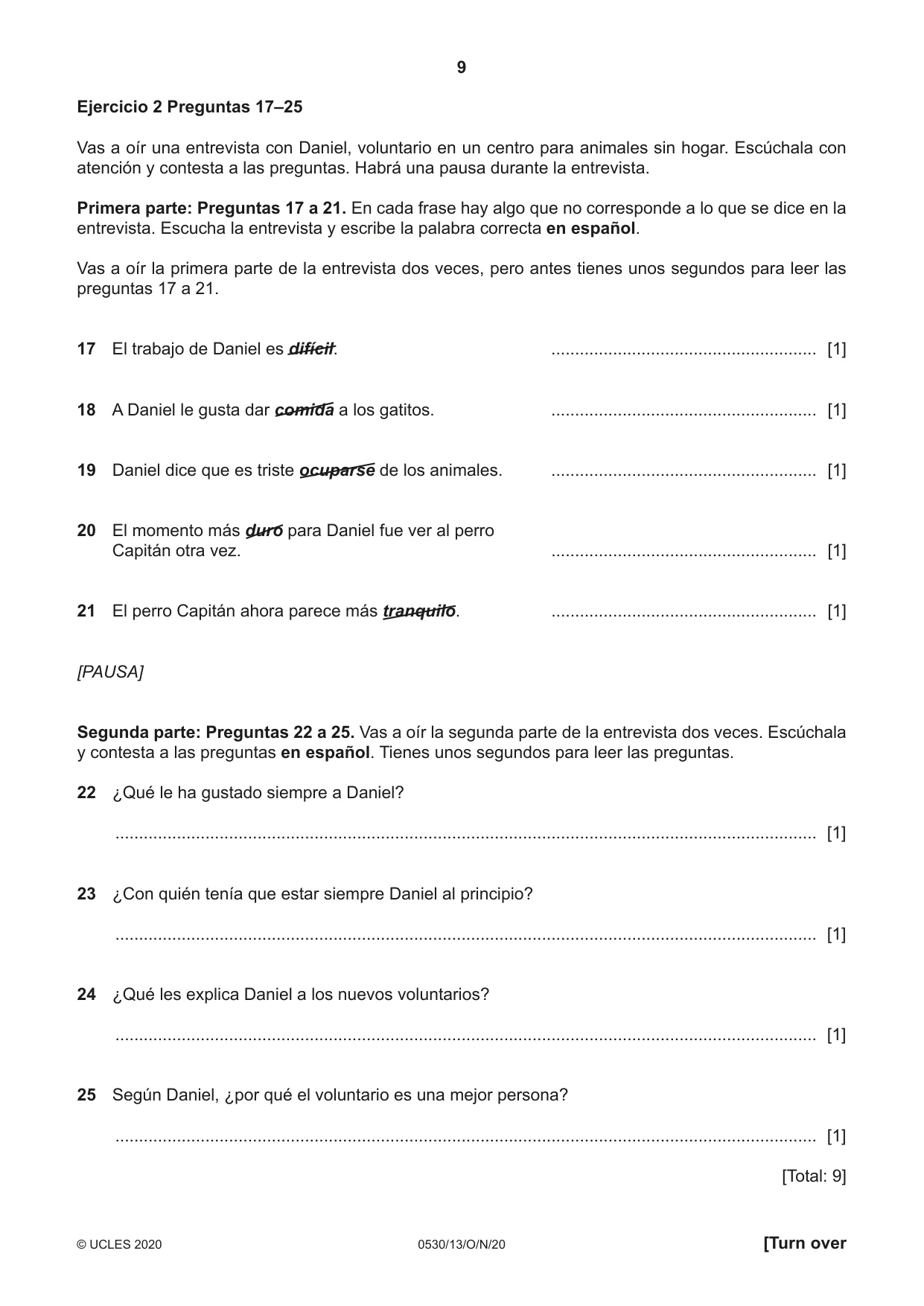 Cambridge IGCSE Spanish - Foreign Language 0530 2020 Oct/Nov Paper 1 · Variant 3 question paper, page 9 of 12