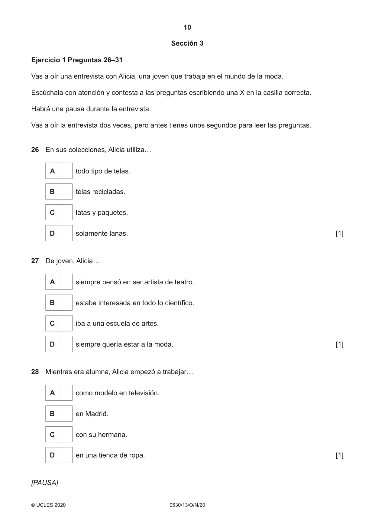 Cambridge IGCSE Spanish - Foreign Language 0530 2020 Oct/Nov Paper 1 · Variant 3 question paper, page 10 of 12