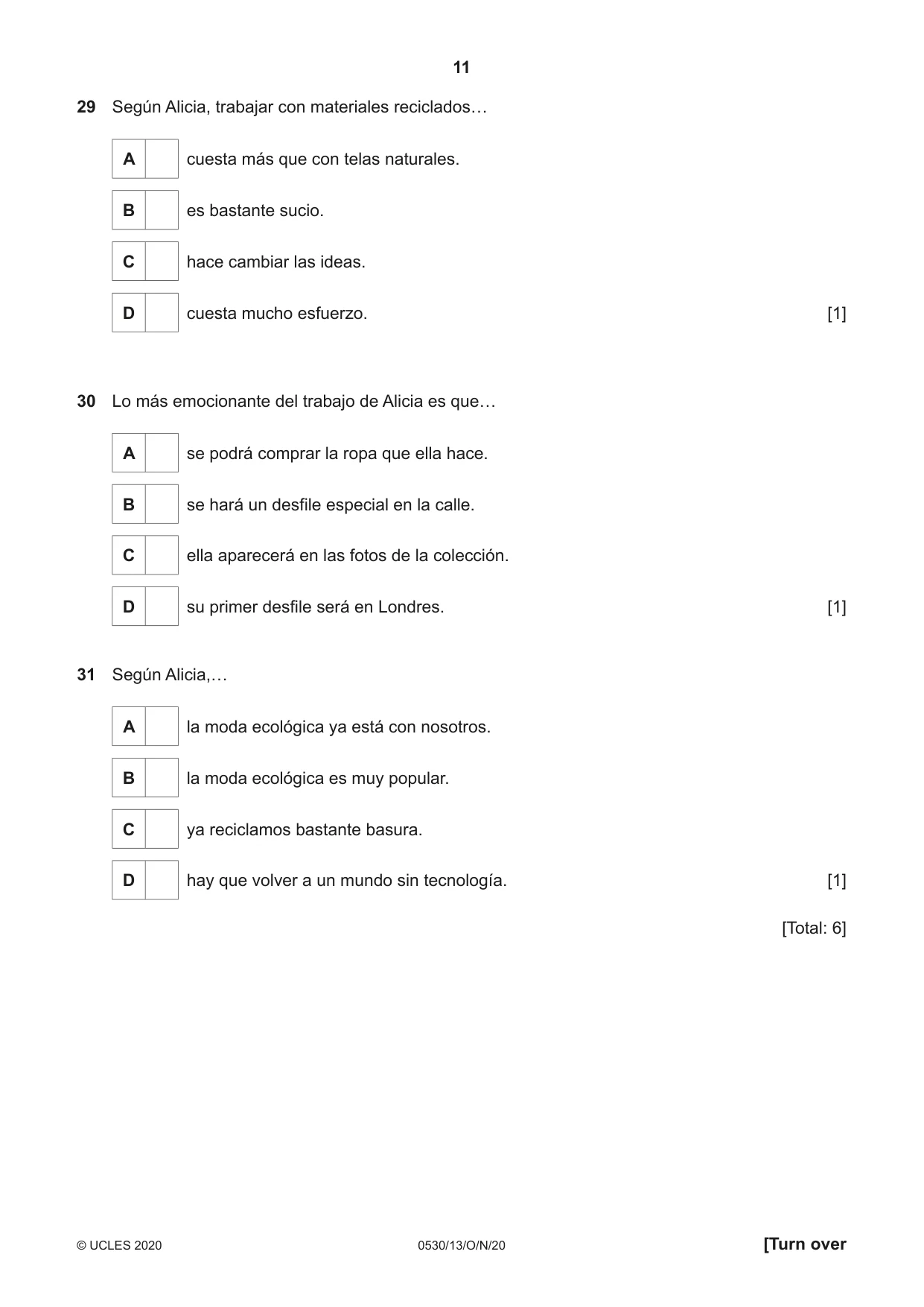 Cambridge IGCSE Spanish - Foreign Language 0530 2020 Oct/Nov Paper 1 · Variant 3 question paper, page 11 of 12