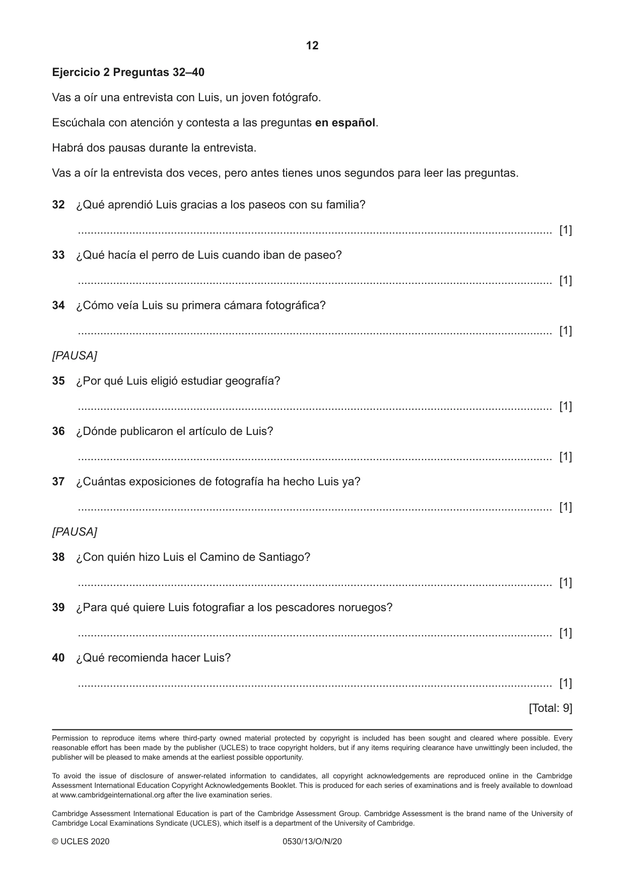 Cambridge IGCSE Spanish - Foreign Language 0530 2020 Oct/Nov Paper 1 · Variant 3 question paper, page 12 of 12