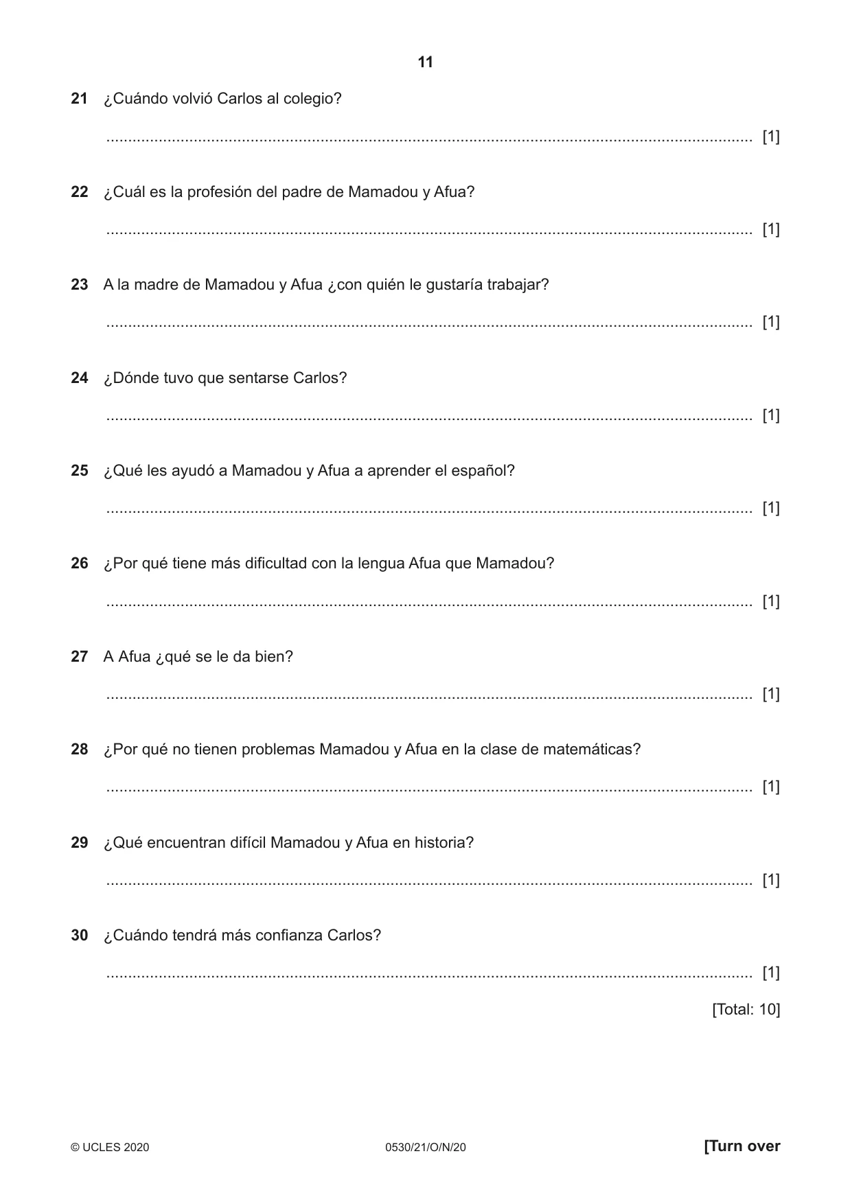 Cambridge IGCSE Spanish - Foreign Language 0530 2020 Oct/Nov Paper 2 · Variant 1 question paper, page 11 of 16