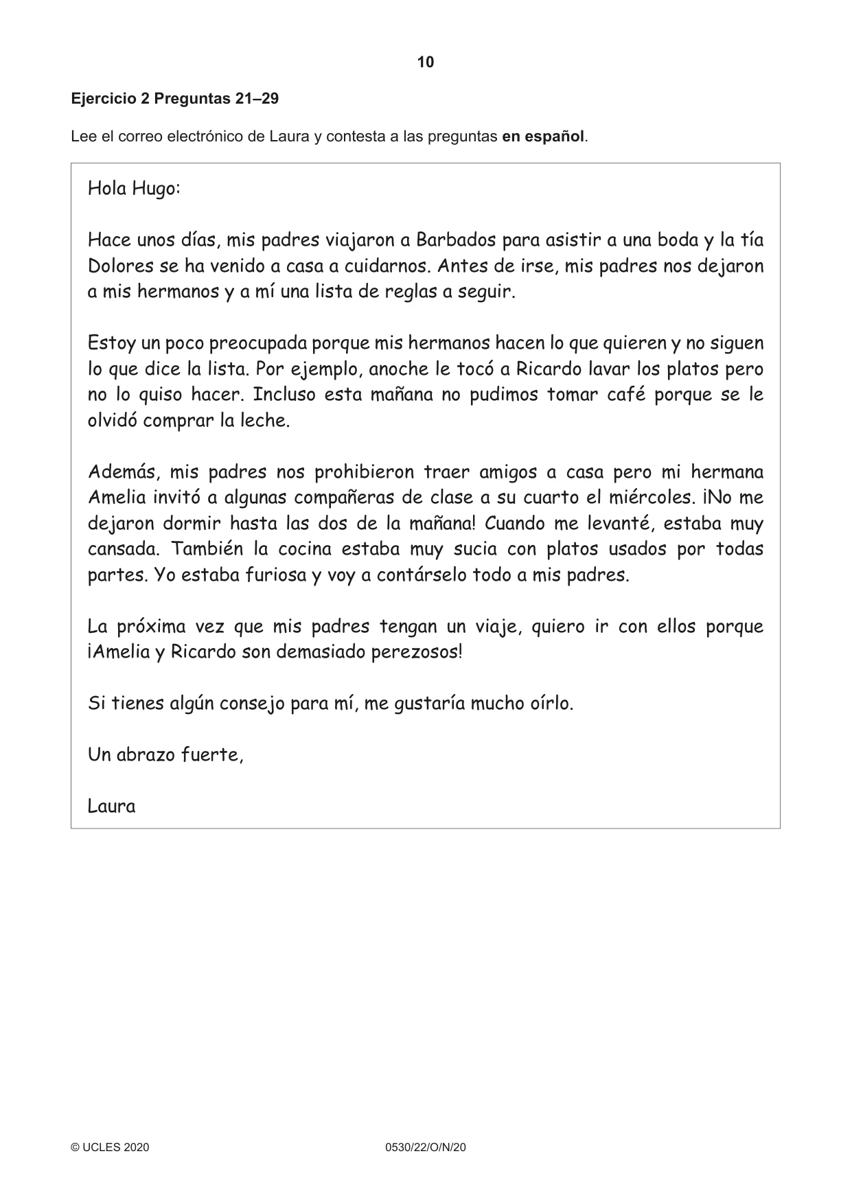 Cambridge IGCSE Spanish - Foreign Language 0530 2020 Oct/Nov Paper 2 · Variant 2 question paper, page 10 of 16